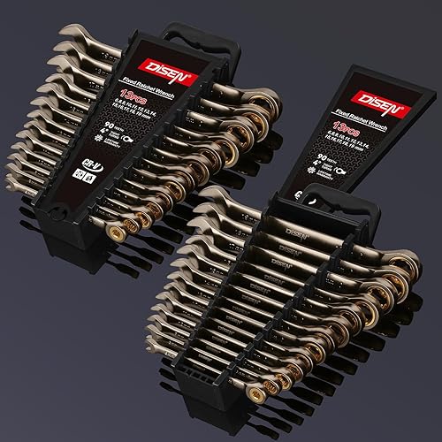 Miniatura 3 de DISEN Juego de 13 llaves de trinquete de 90 dientes, juego de llaves de trinquete métricas de cabeza fija 6, 8, 9, 10, 11, 12, 13, 14, 15, 16, 17,