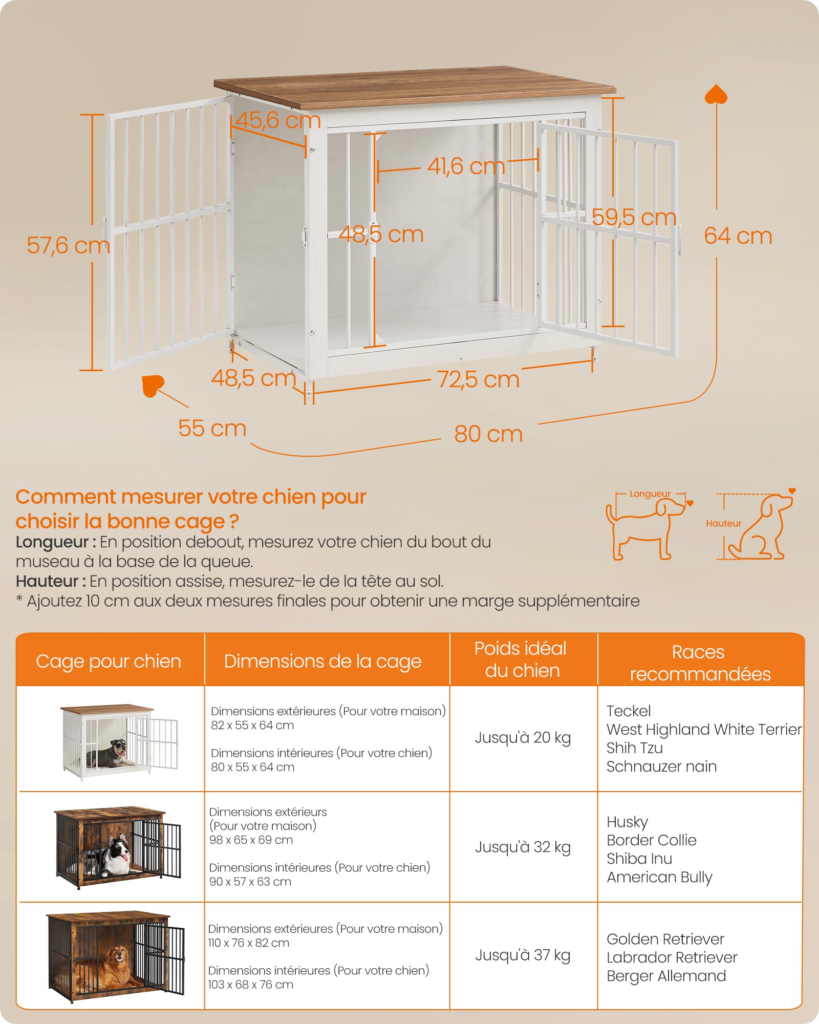 Feandrea Meuble Cage pour Chien, Table d’Appoint, avec Fond Plein, Maison de Chien 2 Portes, 82 x 55 x 64 cm, pour Chiens Jusqu’à 20 kg, Blanc Nuage et Marron Miel PFC022KB01