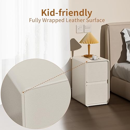 Miniatura 5 de VICITON Moderna mesita de noche estrecha de piel sintética, cajón de madera maciza, mesa auxiliar de almacenamiento, mesa auxiliar pequeña para