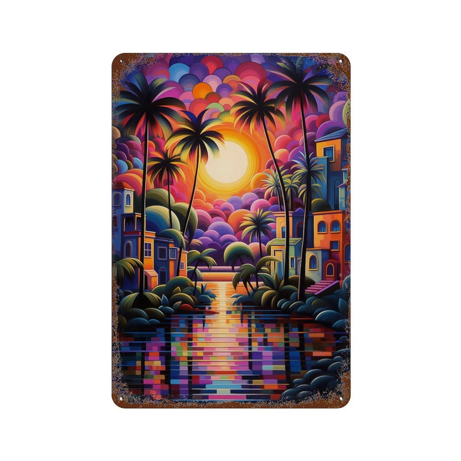 Colorful Tropical Sunset Scene Distressed Metal Wall Sign 11.8"x7.9", Rustic Home Decor for Living Room, Hallway And Home Decor
