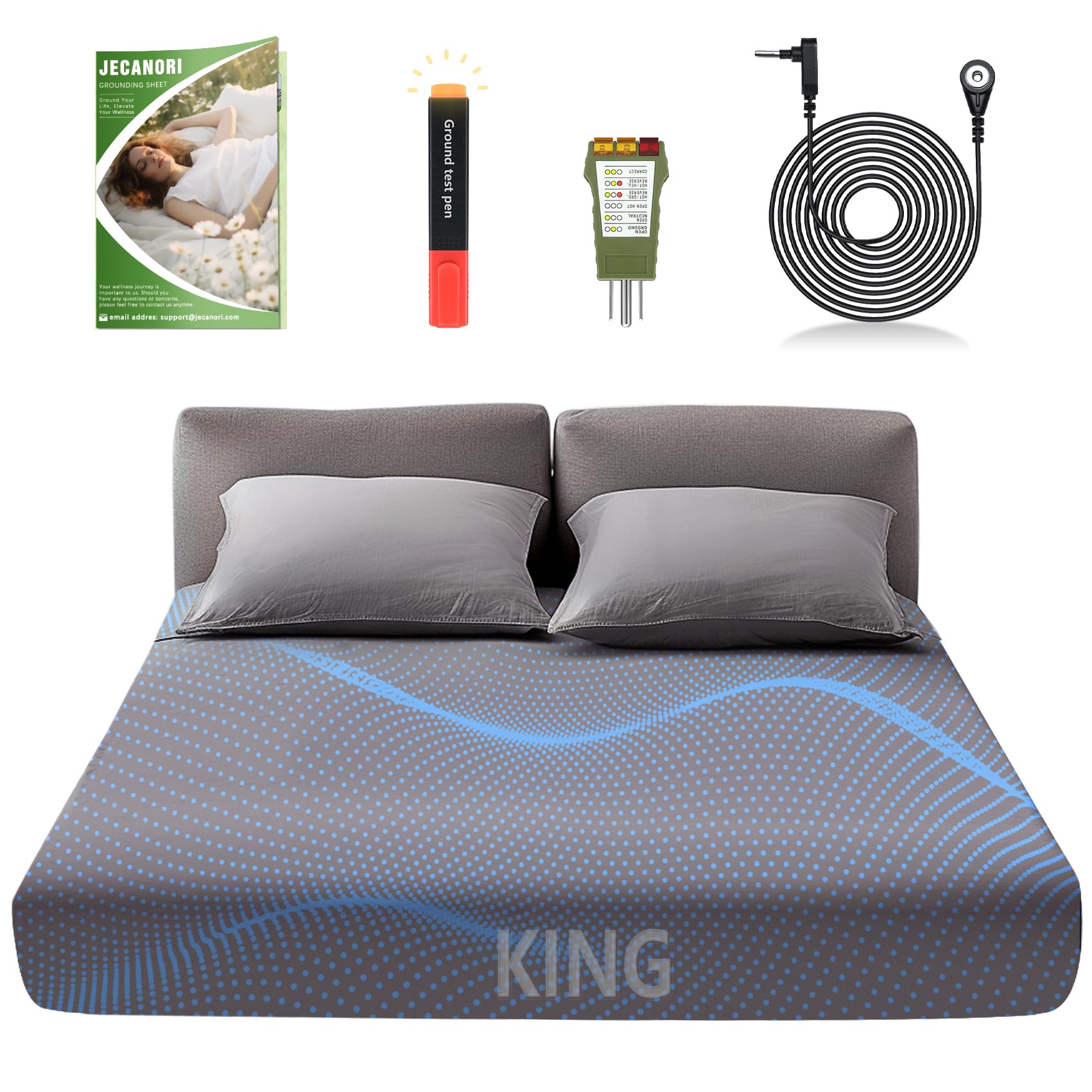 JecanoriGrounding Sheet King Size, Earthing Grounded Fitted Bed Sheet, 95% Organic Cotton + 5% Pure Silver Fiber, Bed Grounding Kit with grounding Cord & Tester, for Improved Sleep & Wellness