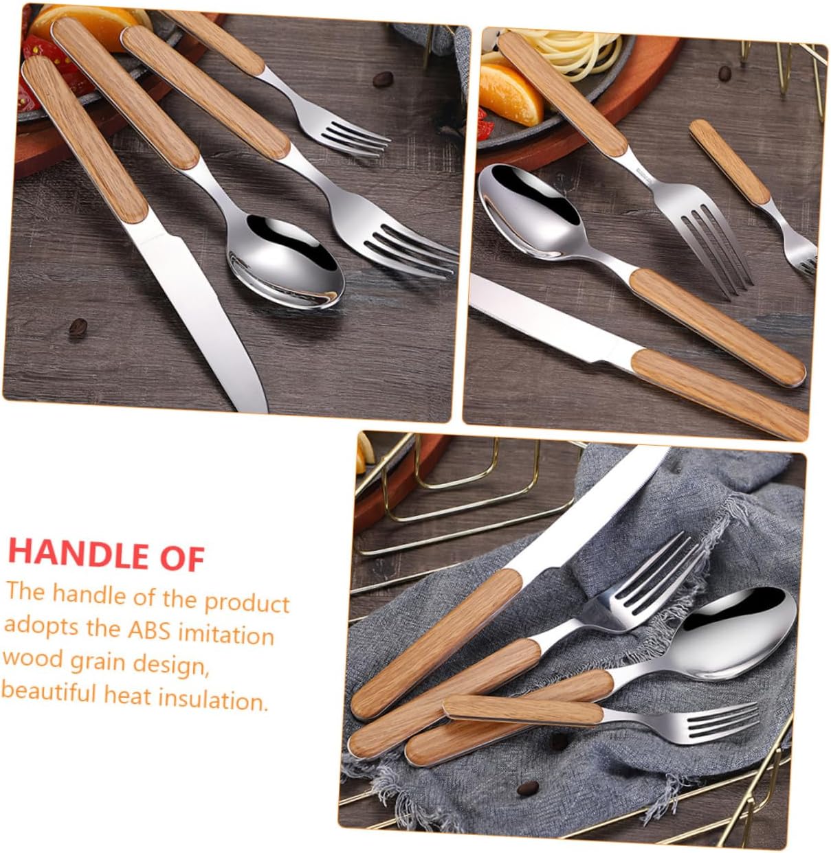 Retro 4 Pcs Stainless Steel Cutlery Set with Wood Grain Handle Xmas