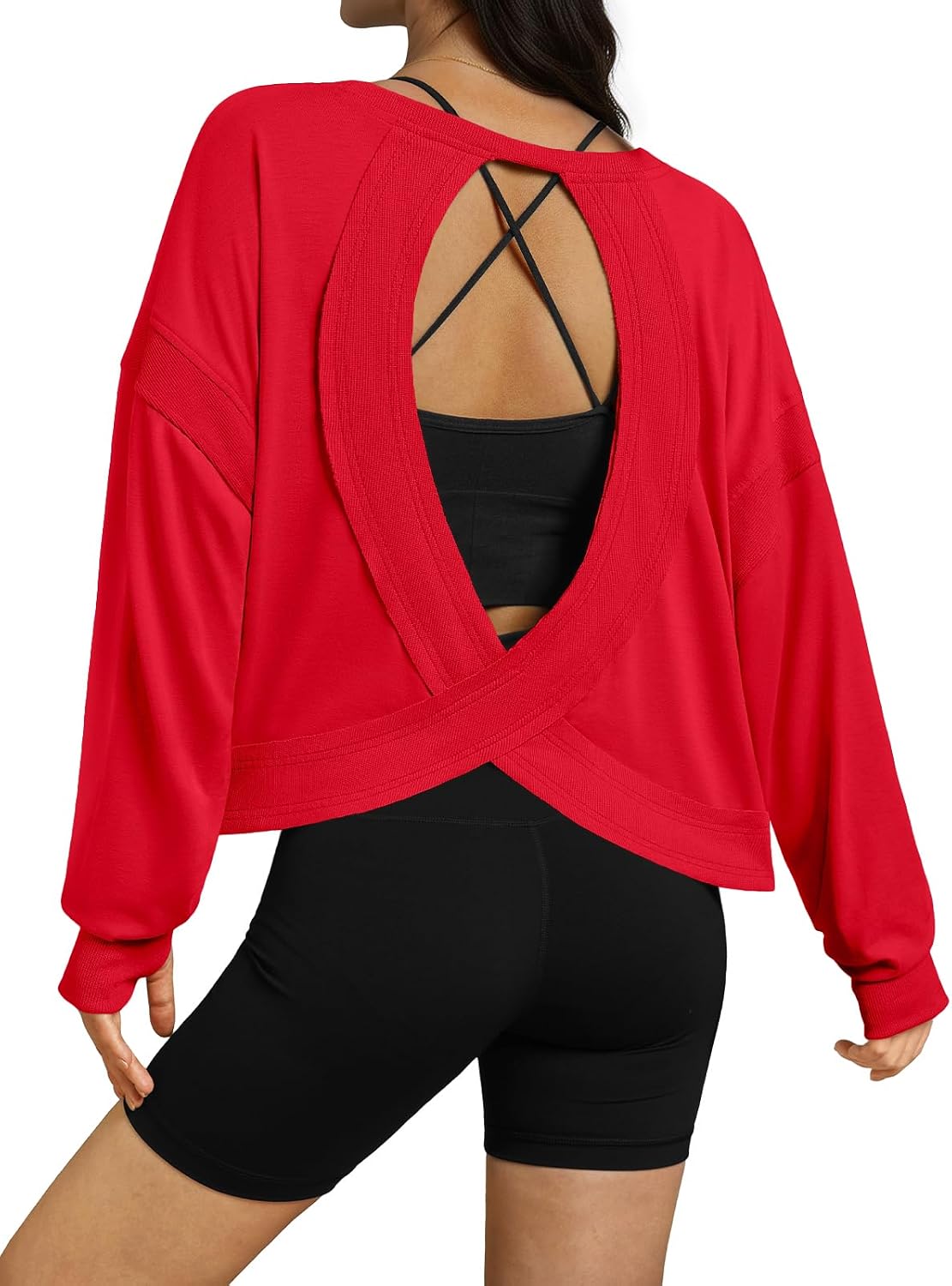 Women Open Back Workout Shirts Long Sleeve Tops Casual Yoga Y2k Athletic Gym Running Crop Tees