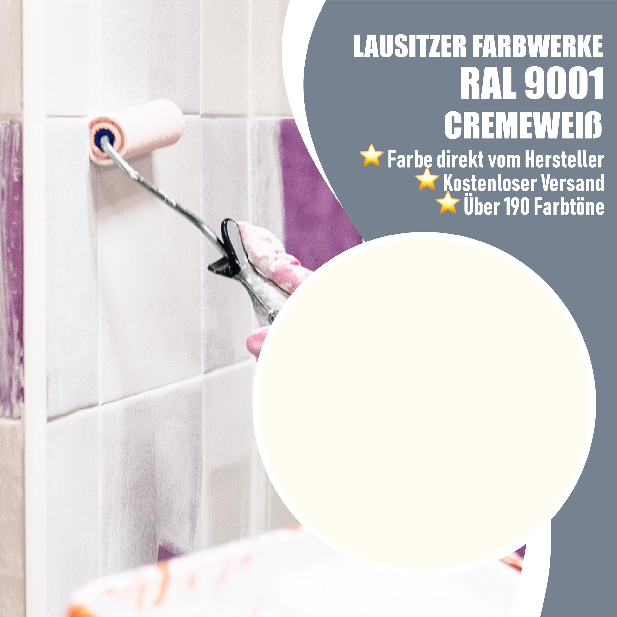 Fliesenlack 2in1 SEIDENMATT Cremeweiß RAL 9001 Weiß Grundierung+Lack für Innen & Außen Decklack - besonders robust & schnelltrocknend - Lausitzer Farbwerke (1 L)