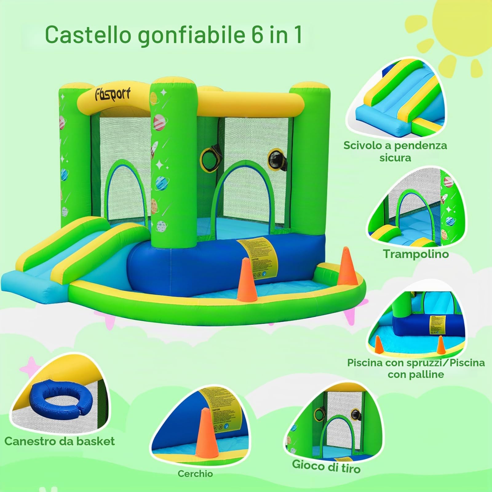 FBSPORT Castello Gonfiabile per Bambini con Ventilatore Piscina Gonfiabile con Scivolo Trampolino Piscina, Piscina di Palline oceaniche Parco Acquatico per Bambini