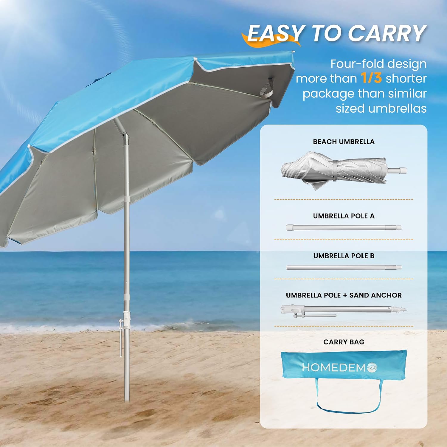 HOMEDEMO 7FT Portable Folding Beach Umbrella for On-the-Go Sun Protection at Outdoor Events