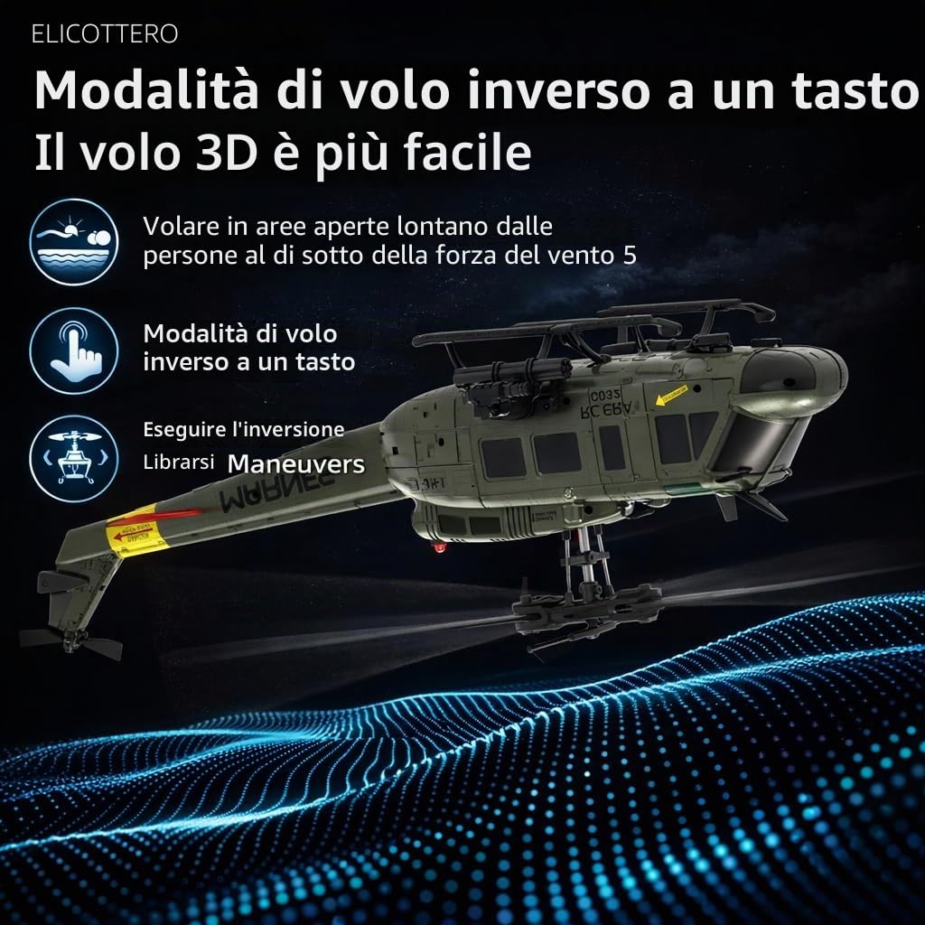 C032 Elicottero RC per Adulti, UH-1 Huey 6CH Militare Scala Elicottero RC acrobatico senza alettoni con Volare a testa in giù 3D Rotolamento e sistema di posizionamento intelligente(Yellow)