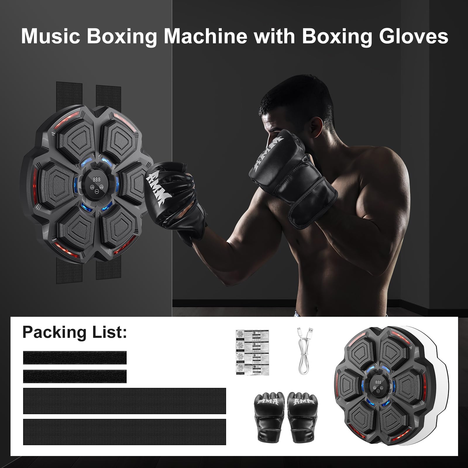 FOOING Macchina da Boxe Musicale Smart con Bluetooth, Luci LED e Livelli di velocità per Adulti e Bambini, Attrezzo per Allenamento con Guantoni da Boxe per Ridurre Lo Stress e Allenamento Domestico