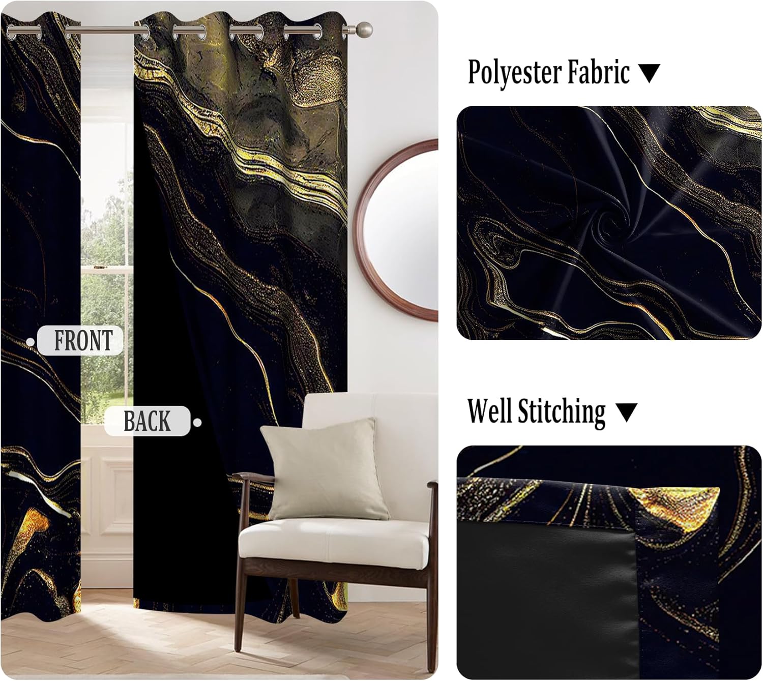 Renaiss Black Gold Marble Blackout Curtains for Bedroom Abstract Golden Texture Window Curtain Modern Luxury Ink Art Thermal Insulated Drapes for Living Room Decor 2 Panels Set, 26x45 Inch