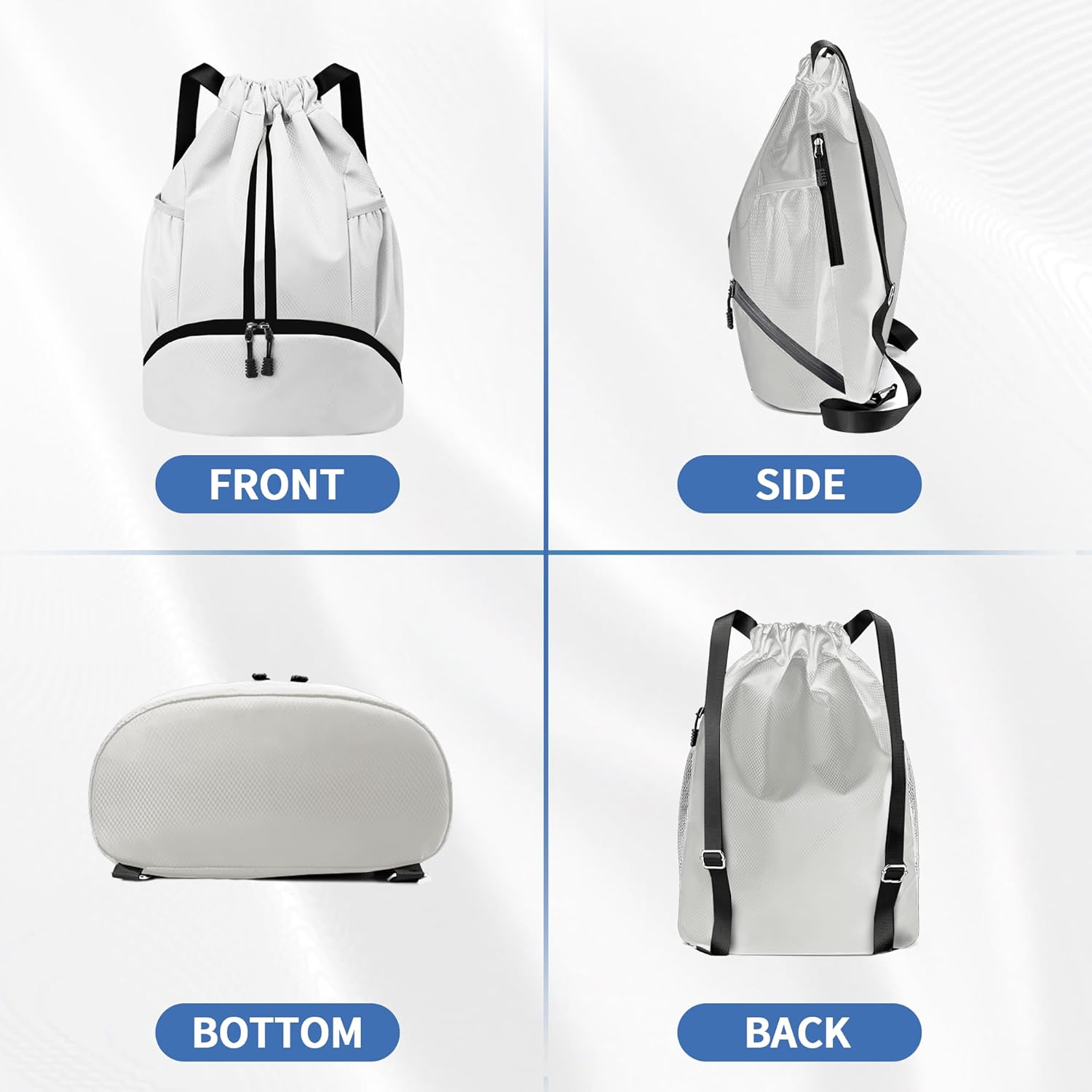 JELUTAR Drawstring Backpack Gym Bag with Shoes Compartment for Soccer, Basketball, Swim, Water-Resistant String Backpack Beach Cinch for Women Men, White