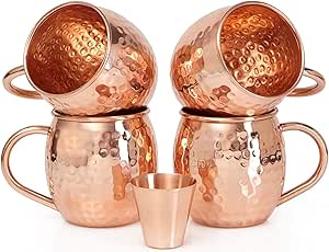 Willow &amp; Everett Set of 4 Moscow Mule Copper Mugs with Copper Shot Glass - 4 16oz Copper Moscow Mule Mugs - Solid Copper Hammered Mug - Copper Cups for Moscow Mules