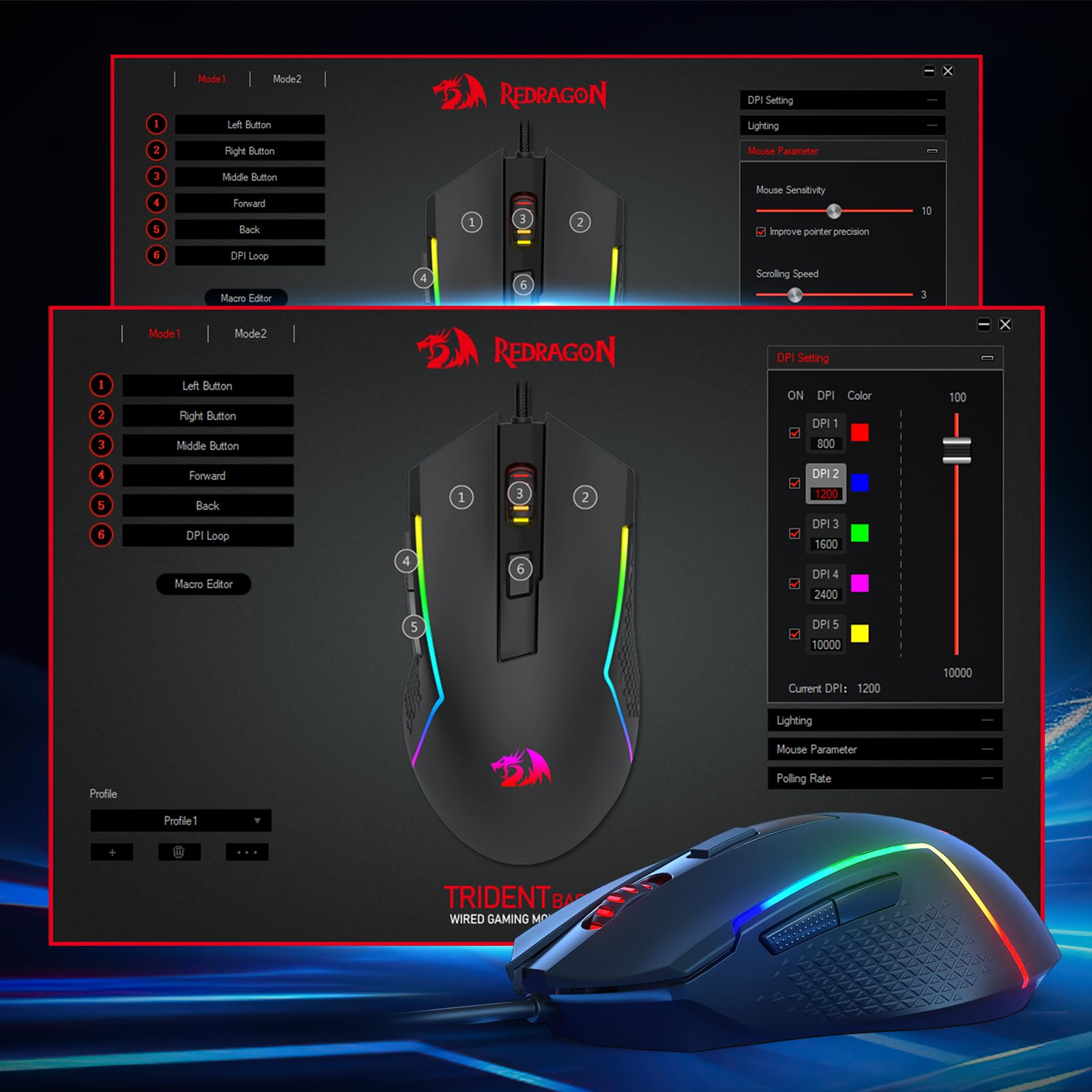 Redragon M616 RGB - Ratón óptico para juegos, 10000 DPI con cable con 6 botones programables y 8 modos retroiluminados, software compatible con enlaces de teclas