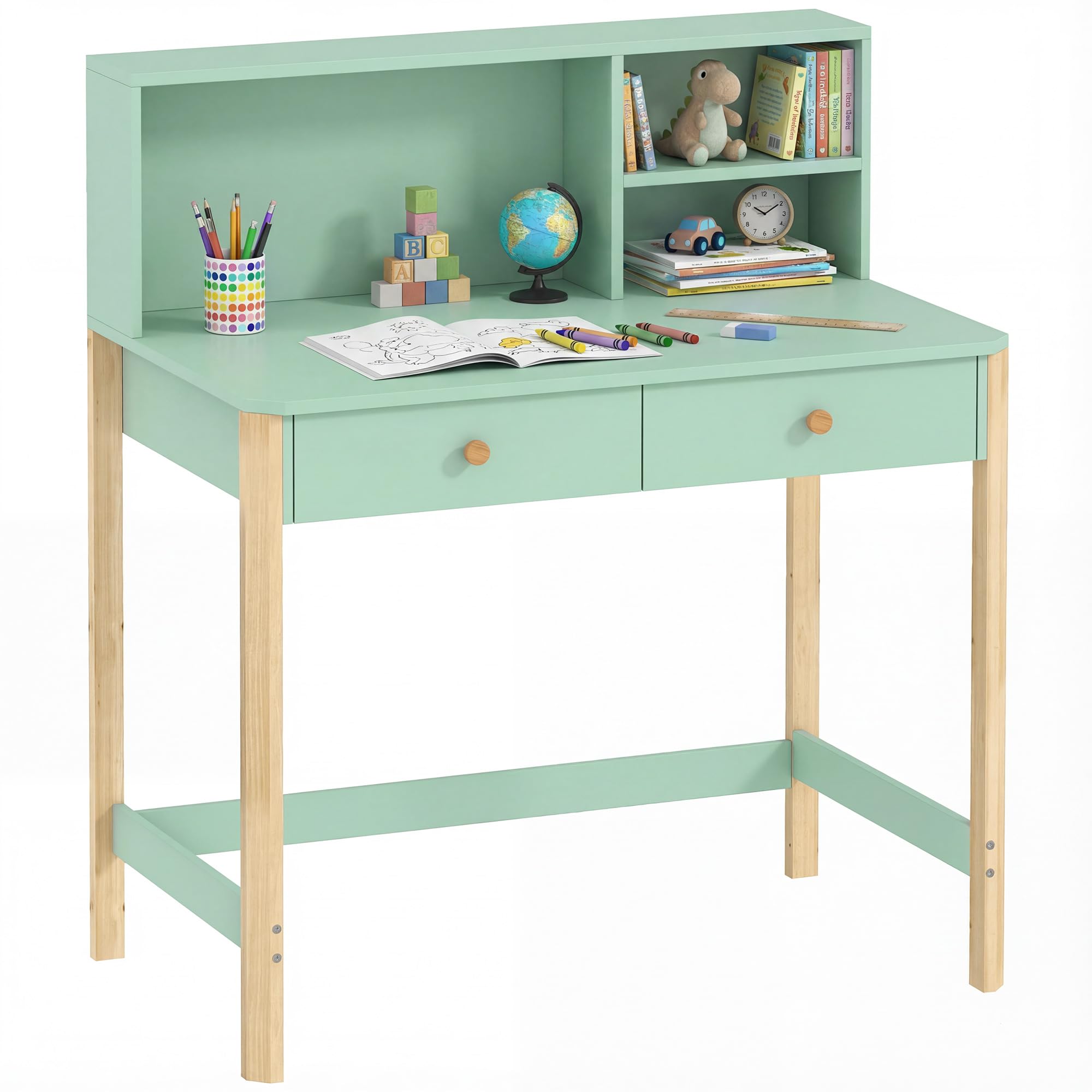 AIYAPLAY Bureau Enfant en Bois avec Grand Plateau 75H cm, 2 Tiroirs, 3 Compartiments Ouverts, Table Étude Dessin Lecture, 5-12 Ans, Vert