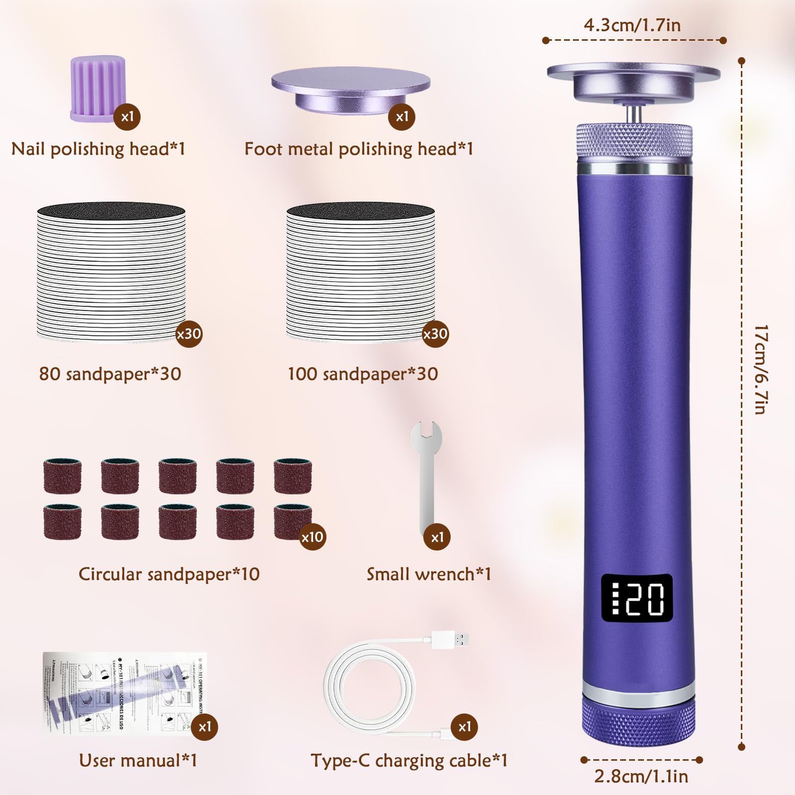 Rimozione calli elettrico 2 in 1, levigatrice per unghie, ricaricabile, velocità regolabile 12 livelli, adatto per talloni screpolati, calli e calli (viola)