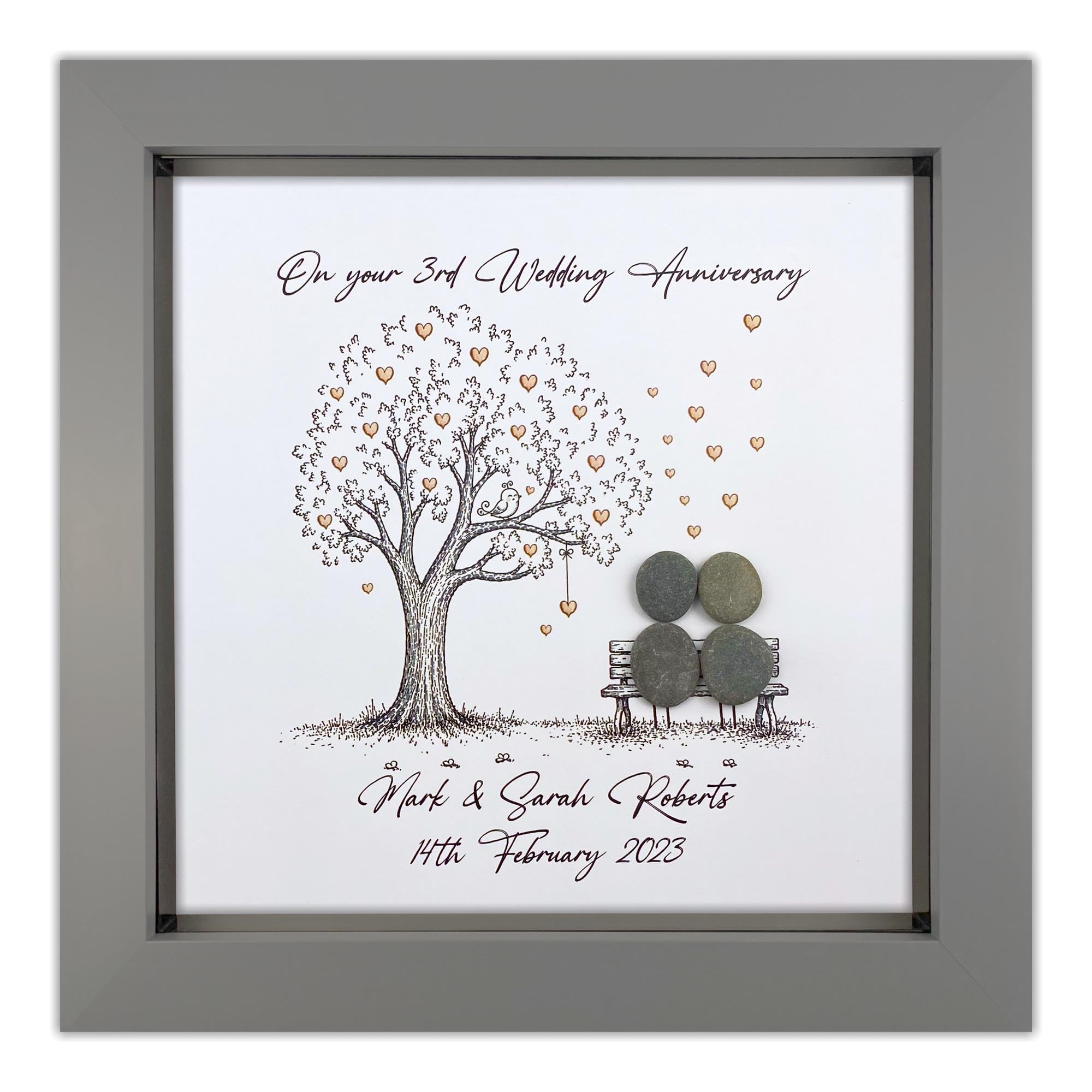 Handmade Personalised 3rd Wedding Anniversary Pebble Art Gift, Leather Anniversary Pebble Picture Keepsake, Mr & Mrs Gift, 8 Inch Frame (Grey Frame)