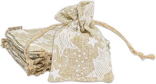 Miniatura 11 de TheDisplayGuys - Paquete de 12 bolsas de regalo de lona de yute reutilizables de 6 x 8 pulgadas con cordones (estrellas blancas, medianas)