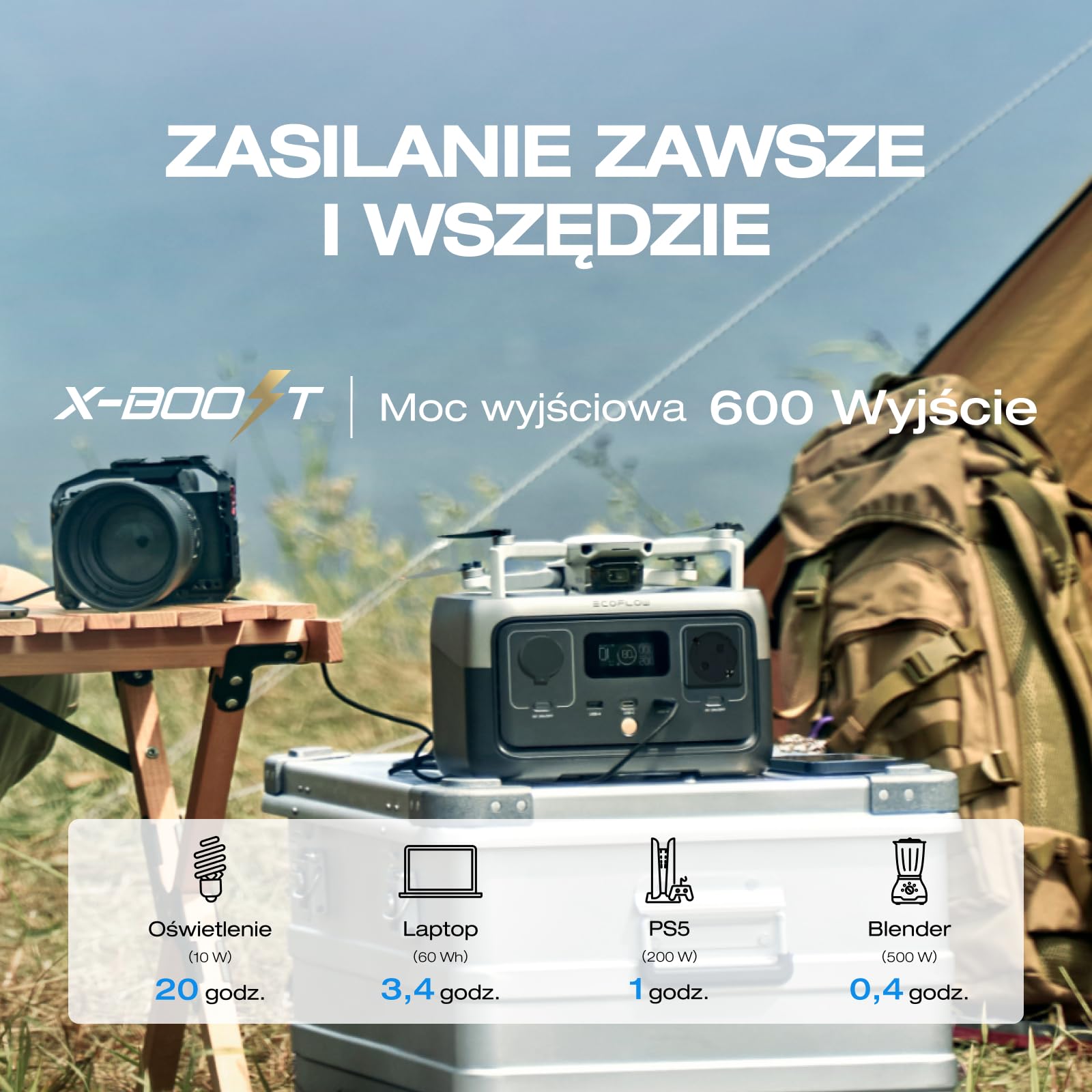 EF ECOFLOW Przenośna stacja zasilania RIVER 2, bateria LiFeP04 256 Wh, szybkie ładowanie w 1 godz., moc wyjściowa do 600 W, generator słoneczny, do użytkowania na kempingu