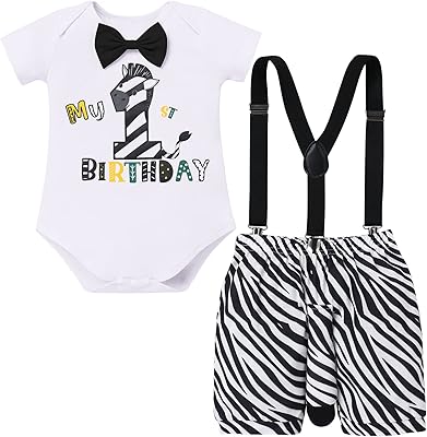Baby Boy Jungle Animal Theme 1st Birthday Outfit Safari Zebra Romper Suspenders Shorts Pants with Tail 3PCS Clothes Set for First Birthday Cake Smash Party Photo Shoot Costume Zebra 12-18 Months