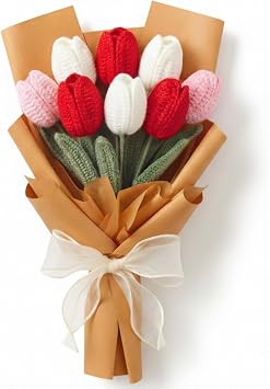 Crochet DIY Tulip Flower Bouquet Graduation Gift Handmade Flower Bouquet for Teacher Birthday Gifts Red Artificial Knitted Tulip Flowers for Women Wife Wedding Anniversary Graduation