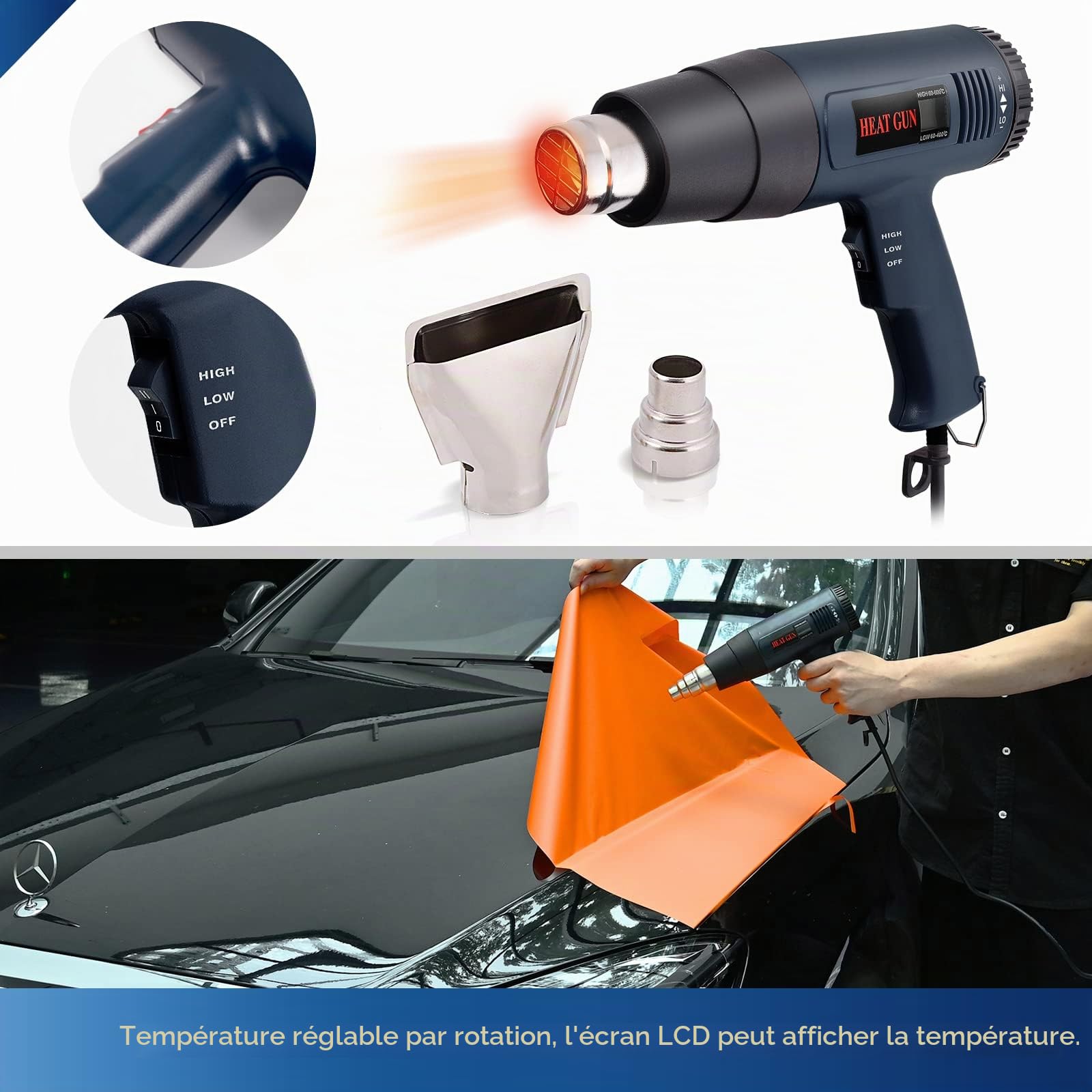 Ehdis Kit Covering de Teinte de fenêtre d'outils pour Vinyle d'emballage pour Voiture avec Pistolet Thermique à Affichage LCD, Covering Kit de Film Teinte Vitre Voitures