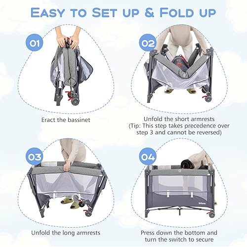Miniatura 2 de INFANS Pack and Play, 5 en 1 Cuna Junto a la Cama del Bebé con Moisés, Cambiador de Pañales, Colchón, Bolsa de Transporte, Juguetes Colgantes con