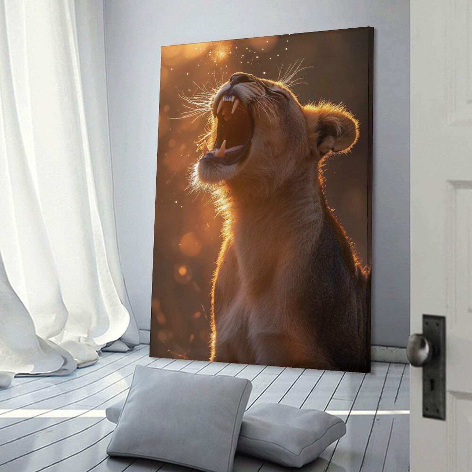 Junmoney Roaring Lioness in Golden Light Decorative Wall Artwork 12x18inch(30x45cm), for Front Hall, Corridor Or Welcome Spaces, Decorative Wall Art for Narrow Spaces