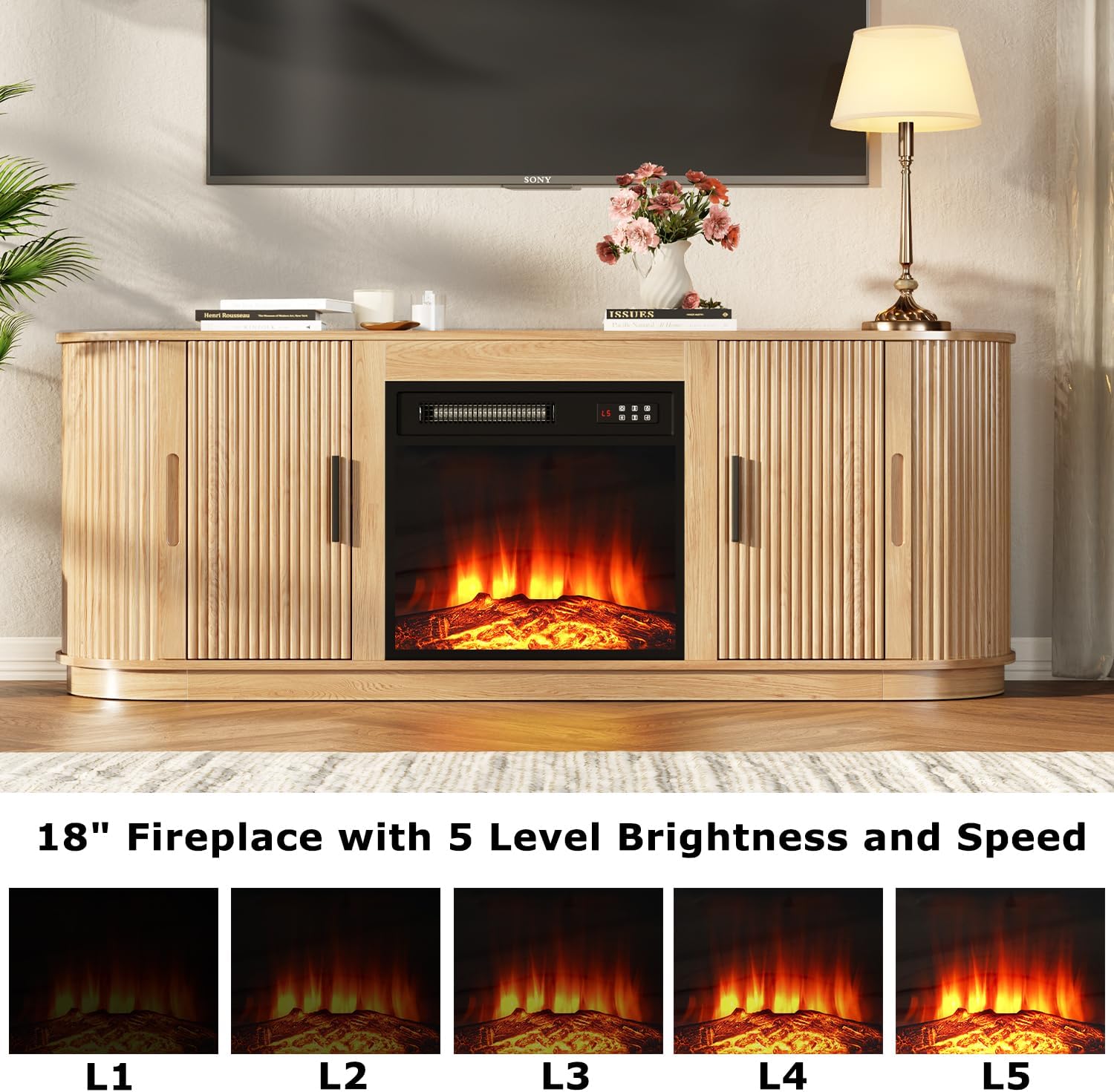 60" Fluted Fireplace TV Stand with 18" Electric Fireplace, Wood Console with Fireplace for TVs Up to 70", Curved Edge, Entertainment Center with Sliding Doors for Living Room, Natural Wood