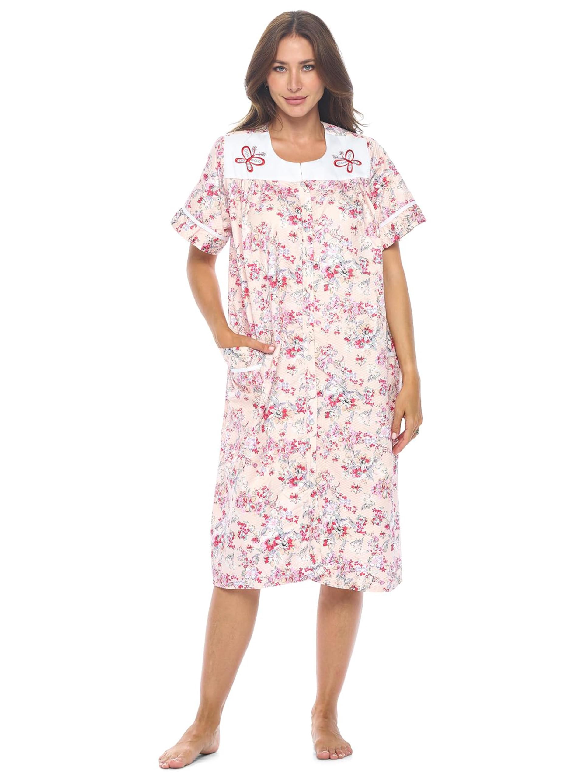 Casual Nights Women's Snap - Front House Dress Short Sleeve Woven Housecoat Duster Lounger Robe with Pockets