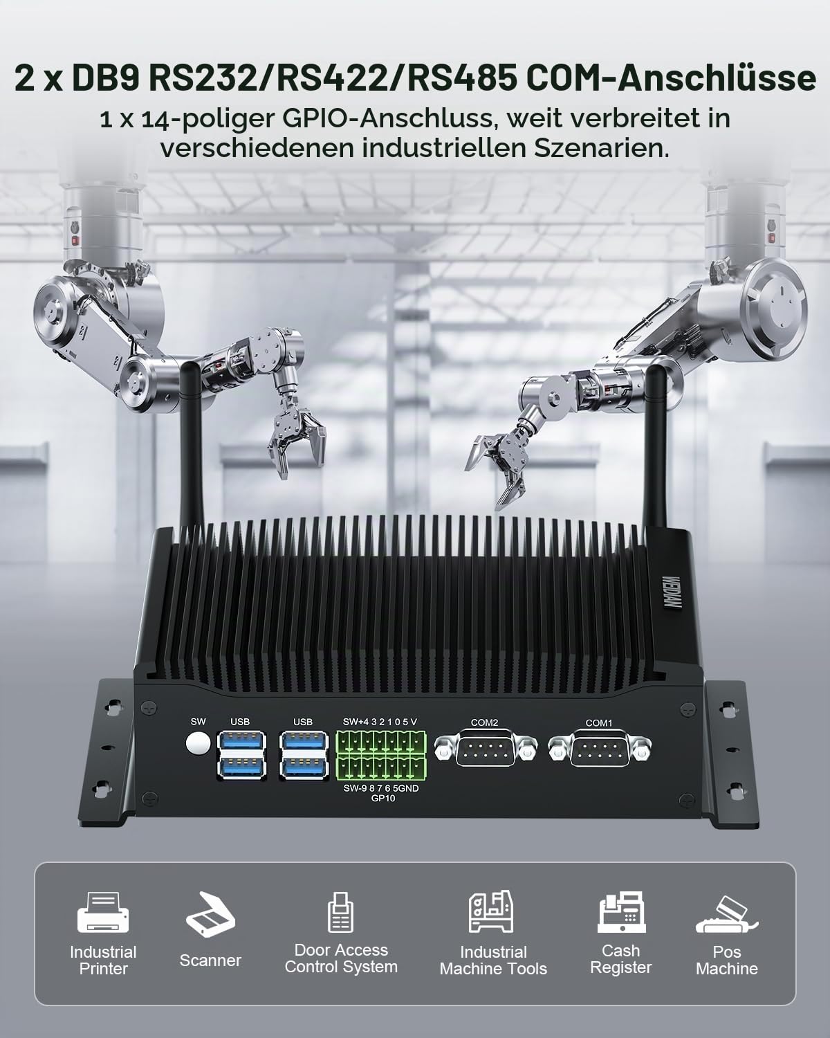 WEIDIAN Lüfterloser Mini PC, Industrie PC Core i7-10510U, Industrial Fanless Computer, 2HD+DP Triple Display, 2RS232 COM, 2RJ45 LAN, 6USB, GPIO, WiFi, BT, Win11/Linux/Ubuntu(16GB RAM 512GB SSD)