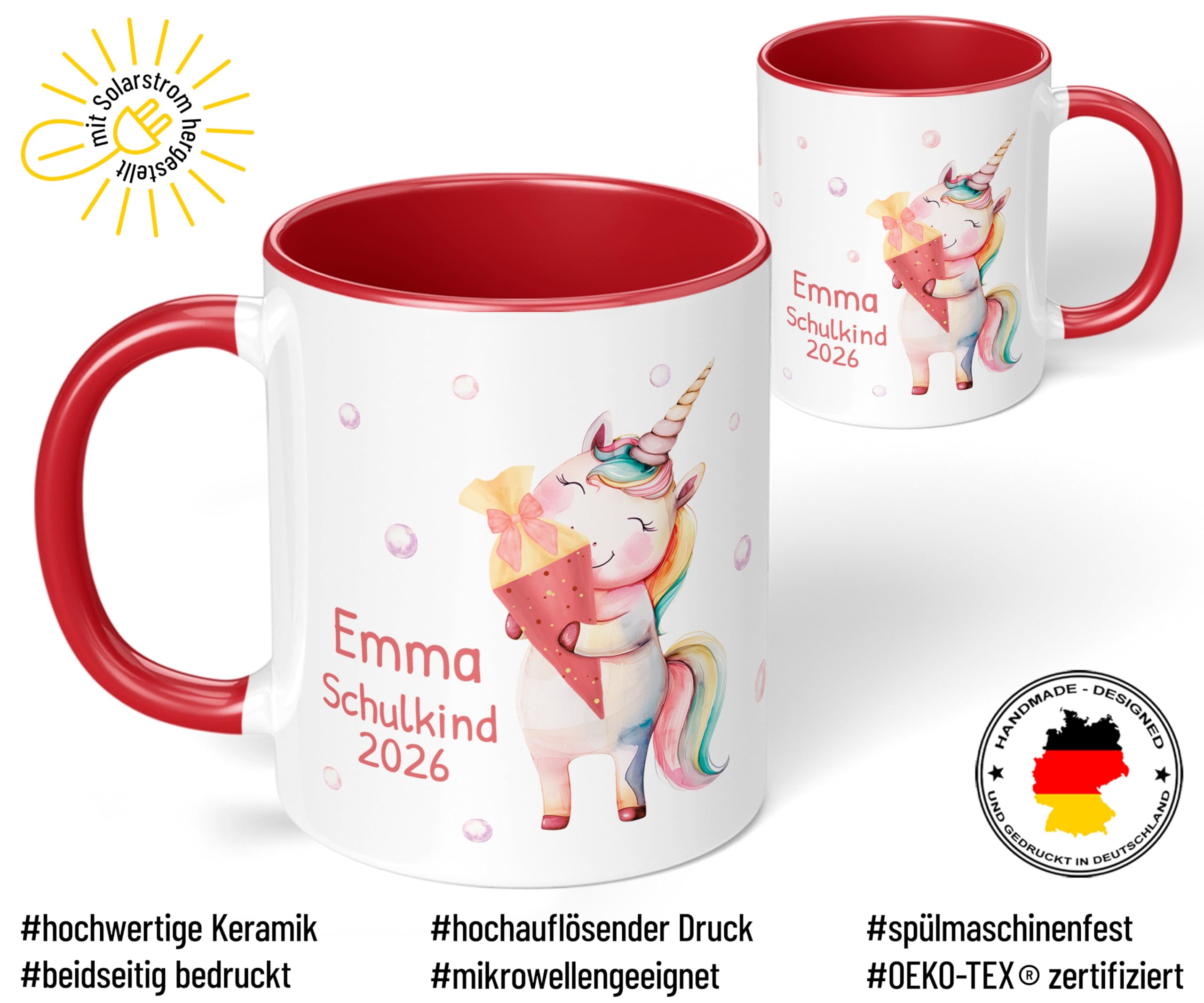 Geschenk zum Schulanfang für Mädchen: Tasse „Schulkind 2026“ - Motiv: EINHORN Schultüte - personalisiert mit Namen - Einschulung Schulanfänger 1. Klasse, Keramik, ca. 330ml, Rot