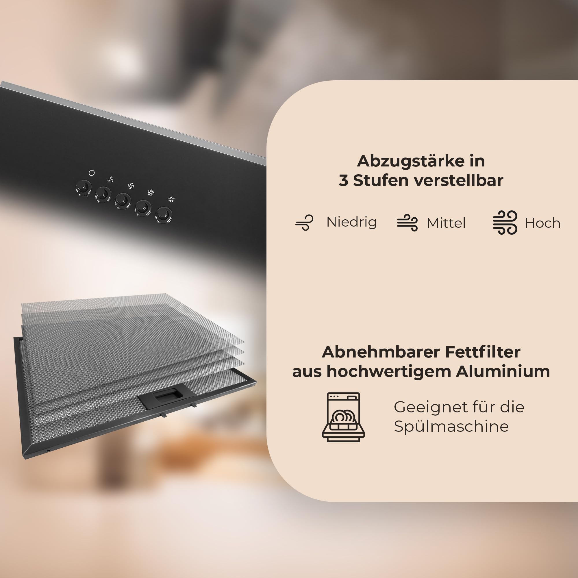 YUNA Dunstabzugshaube DUNJA 60 cm Schwarz Glasfront 3 Leistungsstufen 47W Motorleistung Energieeffizienz A Abluft Umluft Kopffrei LED Beleuchtung Ohne Kohlefilter Wandhaube