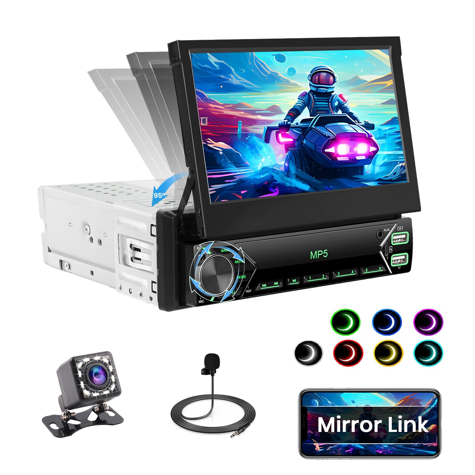 Roinvou Autoradio 1 Din avec Mirror Link, Écran Tactile Rétractable 7 Pouces MP5 Radio pour Voiture Stéréo avec Récepteur Bluetooth USB Type-C AUX EQ FM SWC Caméra de Recul & Microphon