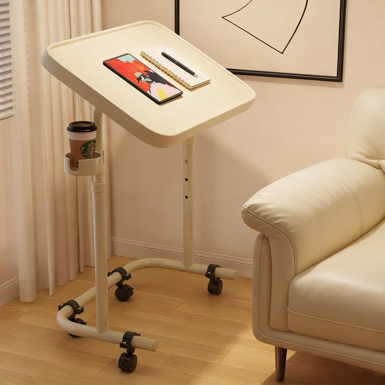 Mesa para Cama o Silla de Ruedas, Altura Ajustable (60 – 70 cm), 1 Portavasos, Mesa Auxiliar de Oficina, Hospital, Comer, Ayuda Mayores y Silla de Ruedas(Beige)