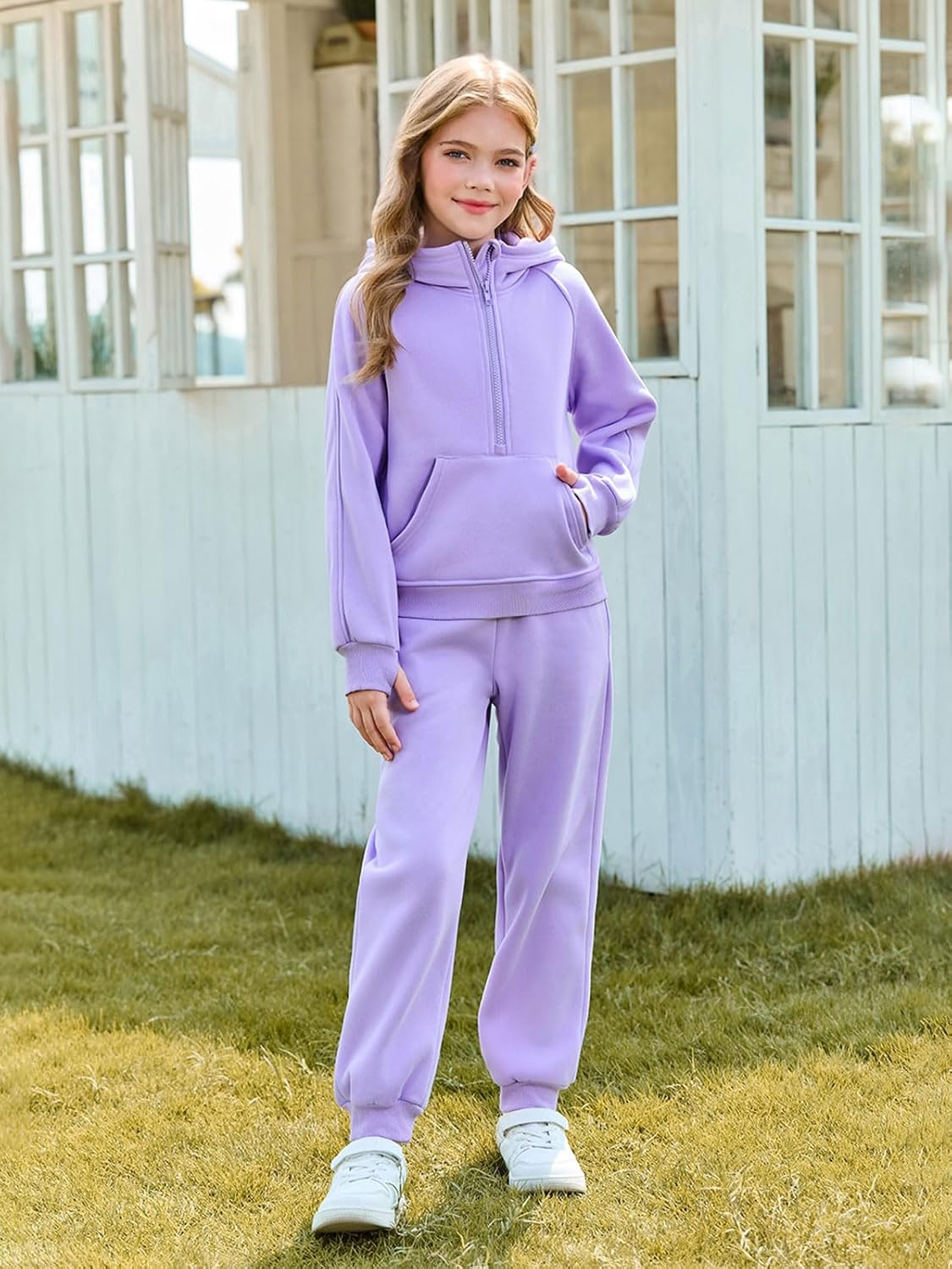 Girls 2 Piece Outfits Sweatsuit Kids Fleece Half Zip Hoodies Sweatshirt and Sweatpants Set with Pockets - Image 2