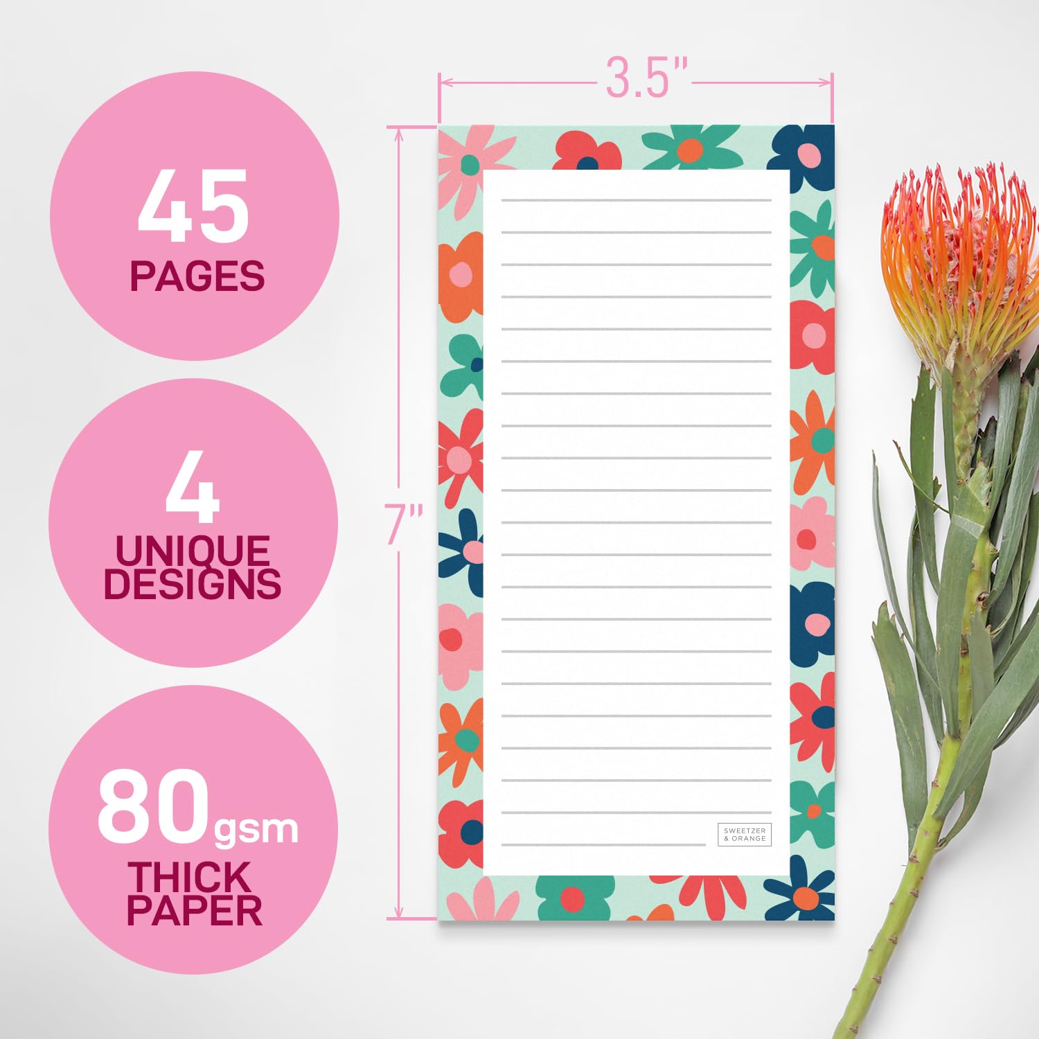 S&O Magnetic Notepads for Refrigerator 4 Pack - Fun Floral Magnetic Note Pad for Fridge Sets - Magnetic List Pads for Refrigerator - Magnet Notepads for Refrigerator - 3.5 x 7, 45 Pages - Image 2