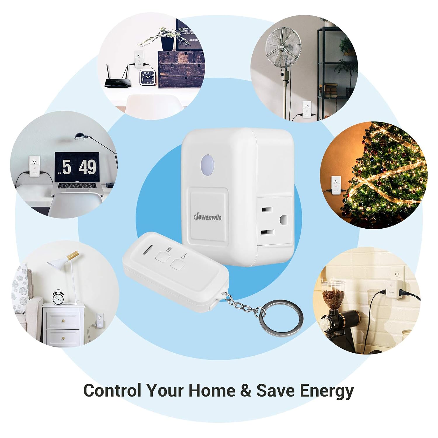 DEWENWILS Remote Control Outlet with 2 Side Outlets, No Interference Remote Outlet Switch for Electronic Appliances and Holiday Decor, 15A/1875W Heavy Duty, 100 Feet RF Range, White