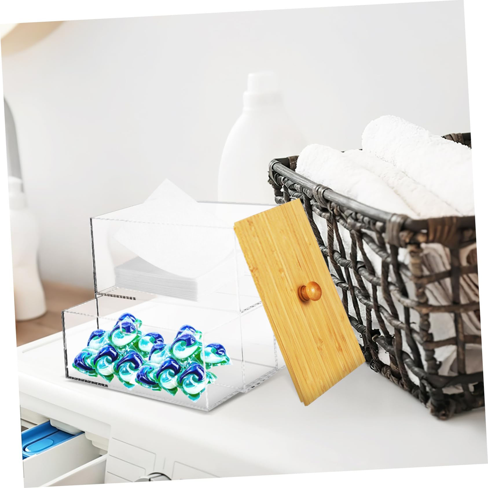 Ciieeo Aufbewahrungsbox Für Waschmittelkapseln Acryl Mit Deckel Doppeltes Fach Platzsparender Organizer Für Wäsche Und Trocknertücher