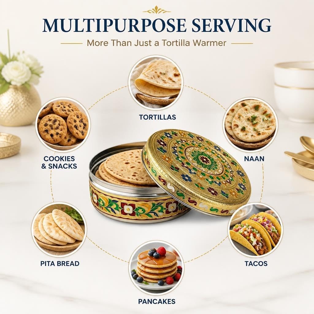 LOVENSPIRE Stainless Steel Tortilla Warmer with Lid (7.5 Inch) Handcrafted Meenakari Design Holder for Taco Night, Mexican Party, Bread & Naan Server, Decorative Kitchen Gift Pack of 1