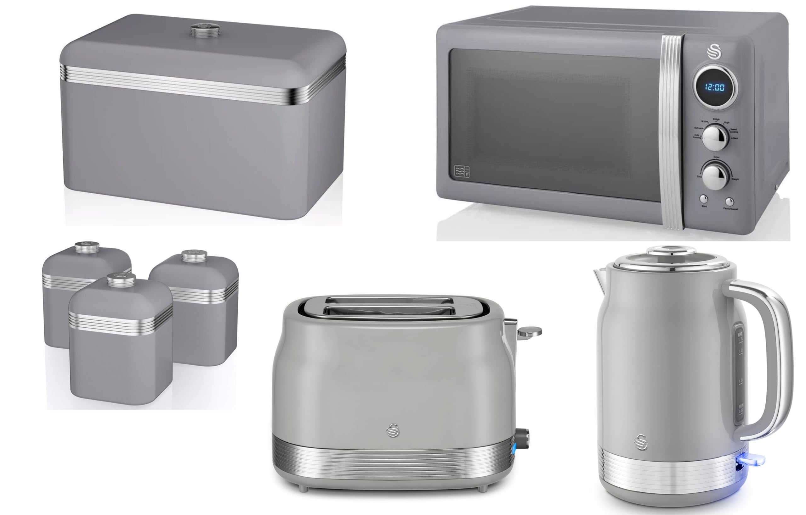 Swan Retro Revive Grey 1.7L 3KW Jug Kettle, 2 Slice Toaster plus Retro 20L 800W Digital Microwave, Bread Bin & Tea Coffee Sugar Canisters – Matching Vintage Design Grey Kitchen Set of 7