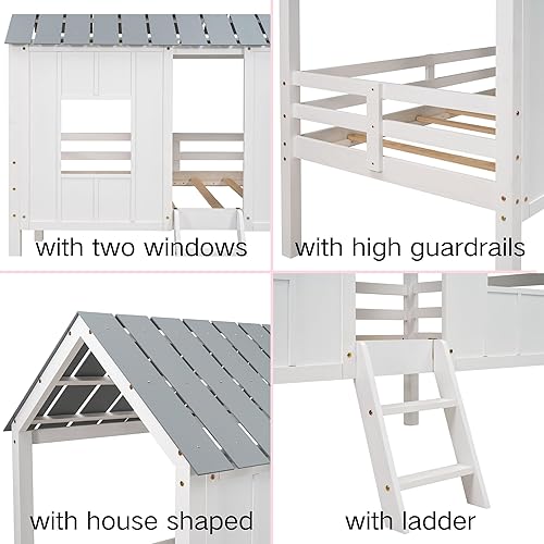 Miniatura 6 de Cama tipo loft de casa de tamaño individual con almacenamiento, marco de cama baja con ventana para niños, plataforma de cama tamaño individual,