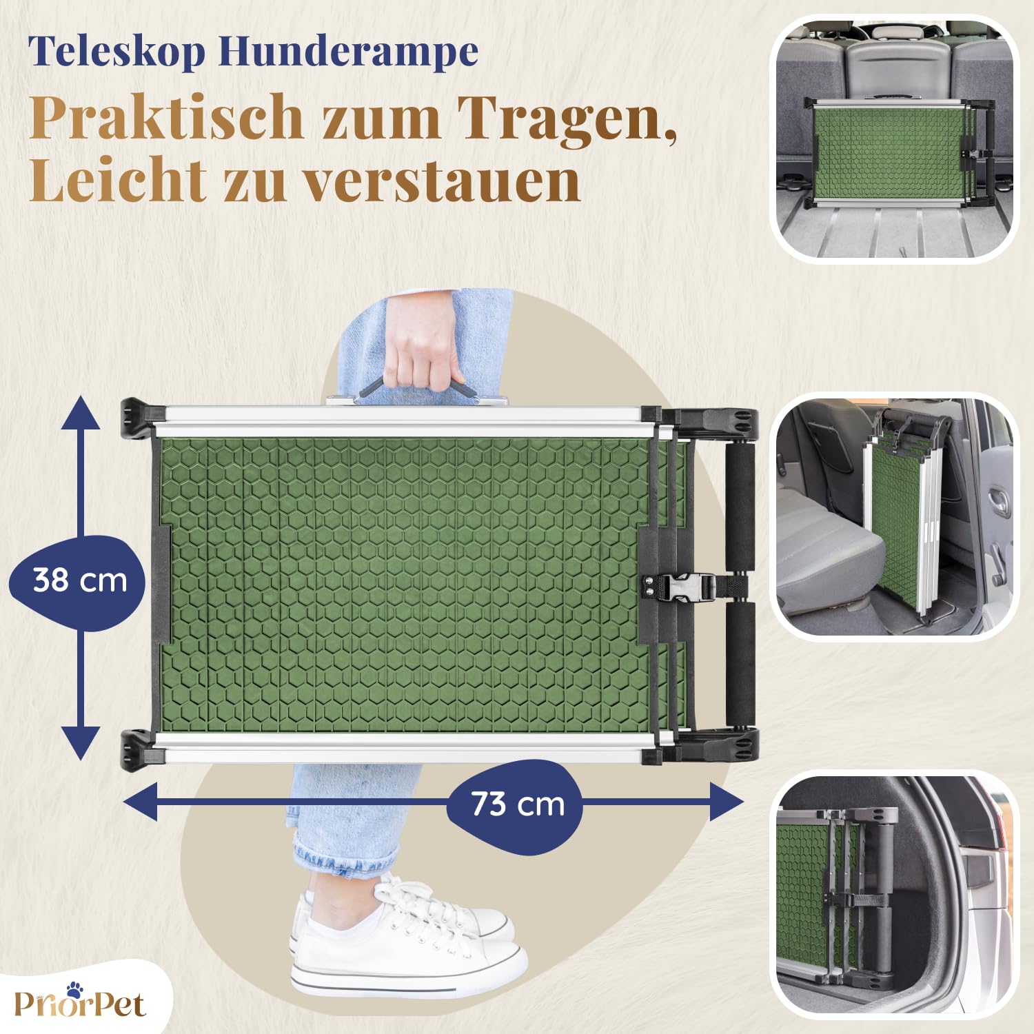 Hunderampe Auto Klappbar - Stabile und rutschfeste Hundeleiter Auto & SUV bis zu 90kg Belastbar - Teleskop Alu Rampe für große Hunde - Reflektierende Seiten - Hundetreppe - Befestigungsclip - Grün
