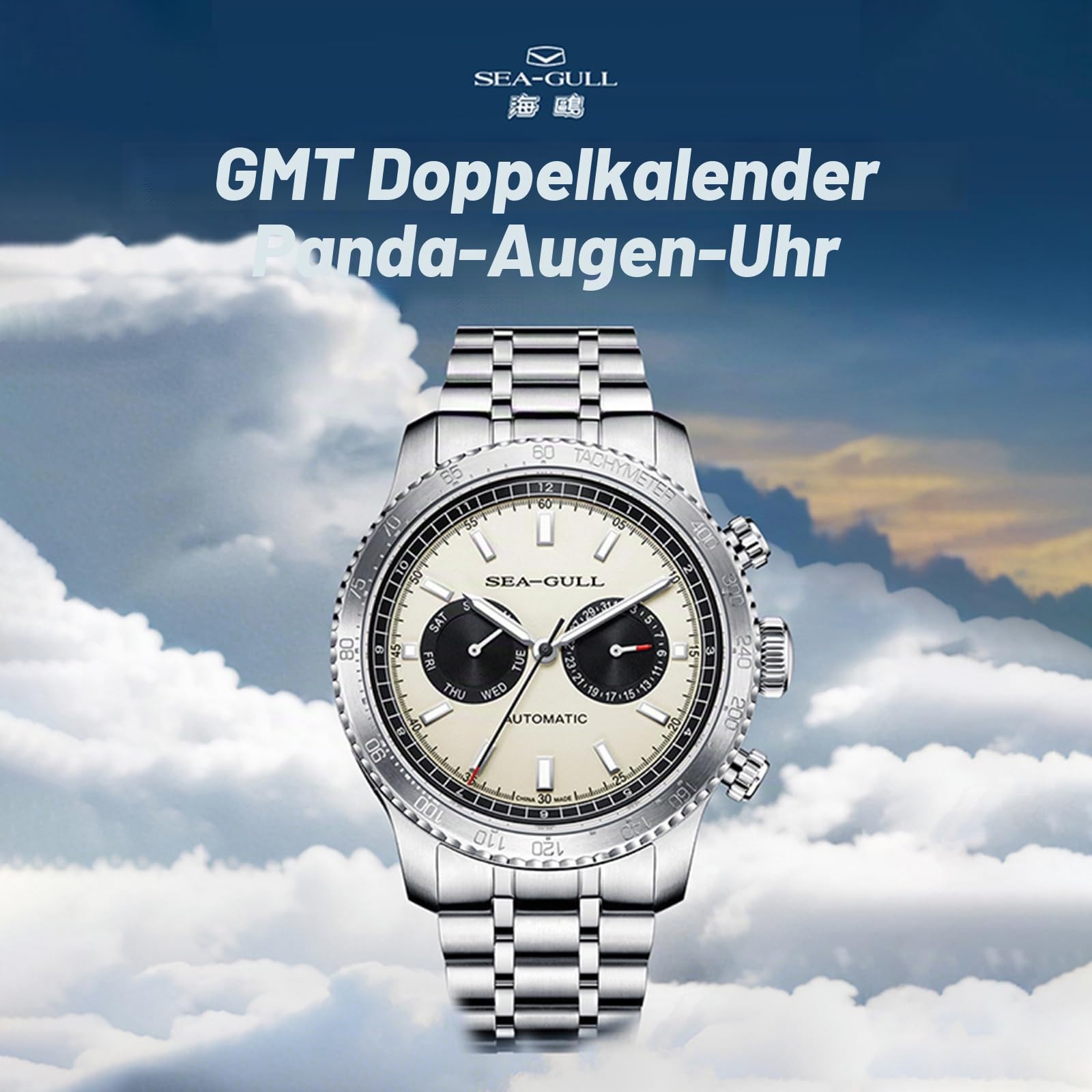 SEA-GULL Mechanische Herrenuhren, GMT Dual-Kalender, Panda-Auge, automatische Armbanduhr, Möwe ST2502, Tachymeter, leuchtend, 6177