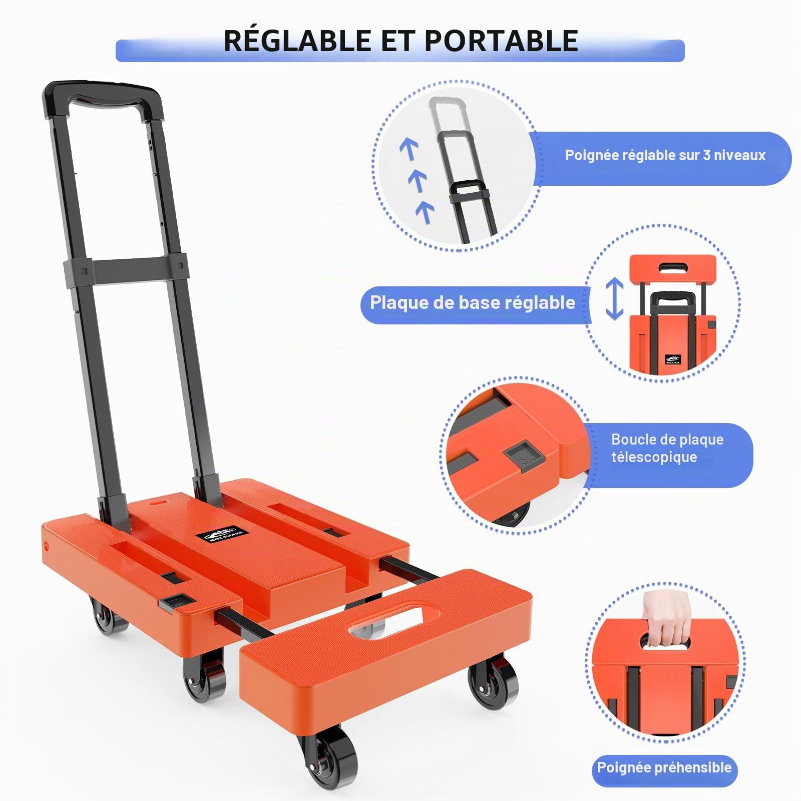 SOLEJAZZ Chariot Portable et Pliable d’Une capacité de Charge de 226,8 kg avec 6 Roues et 2 Sangles, Orange