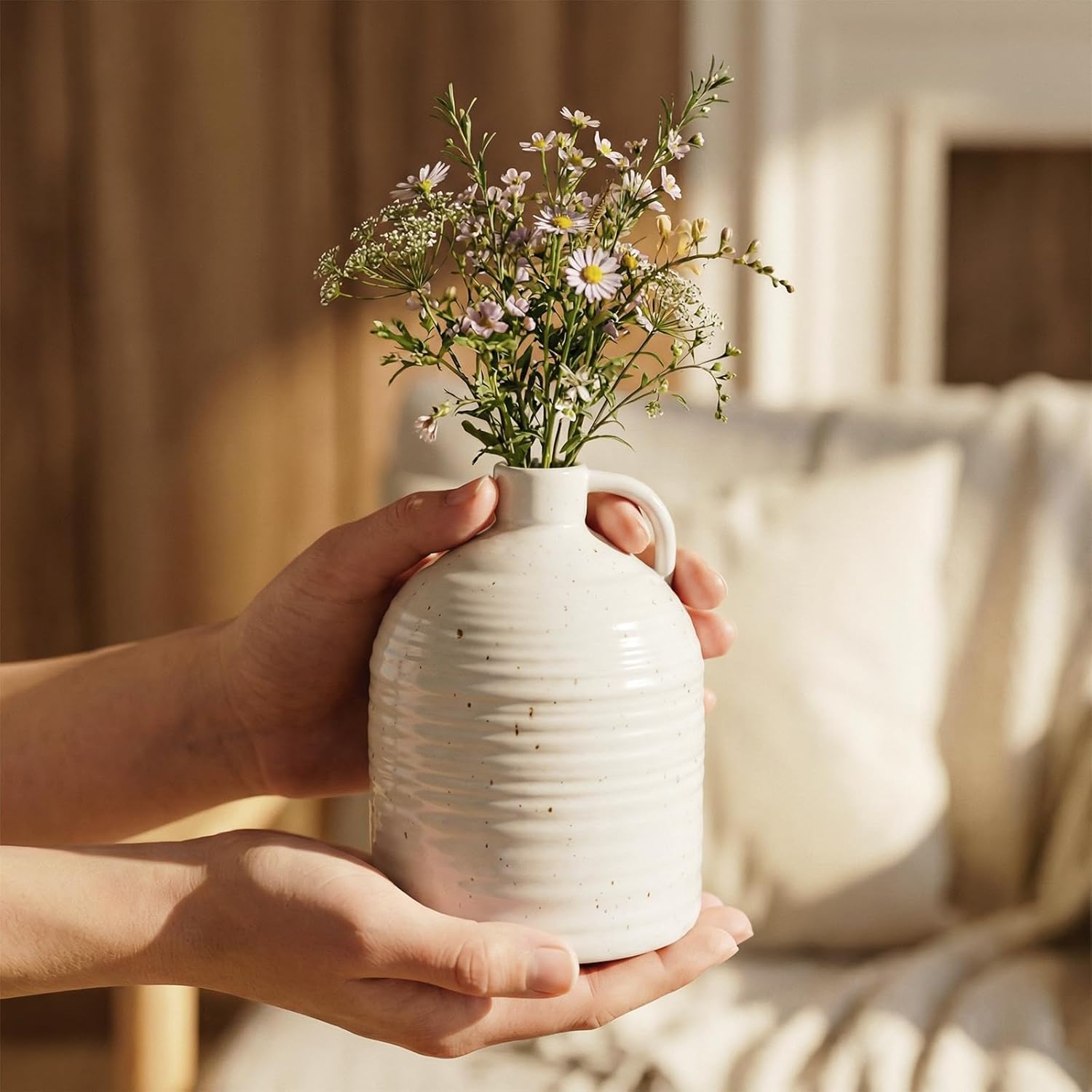 Firehold Ceramic Vase Set of 3, Rustic Home Decor Vases for Modern Farmhouse, White Boho Flower Vases for Shelf, Mantel, Table Decor, Small Decorative Vase for Dried Flowers & Pampas Grass