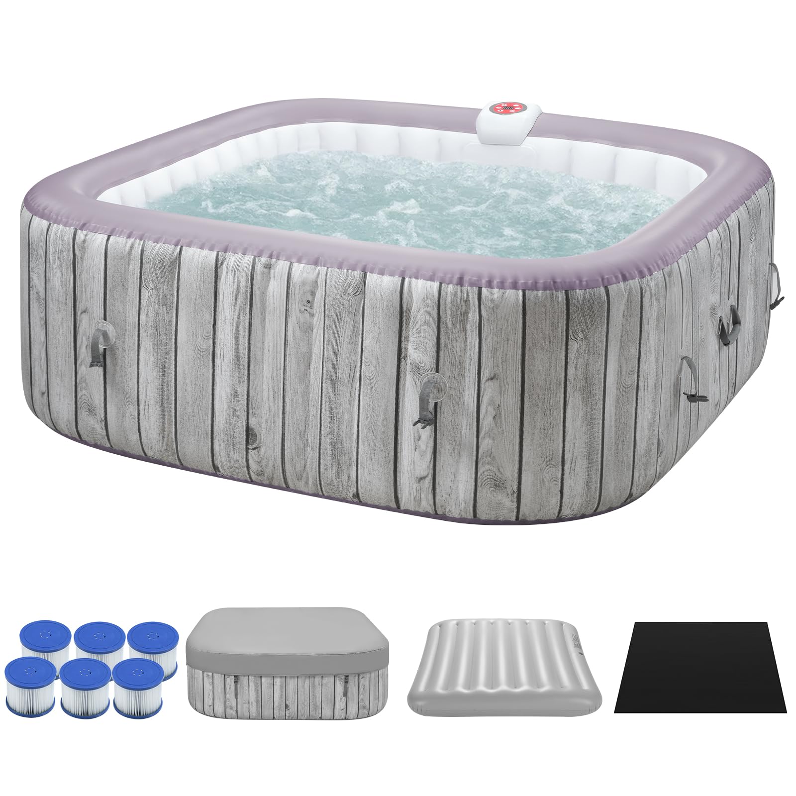 SEE DESCRIPTION. 73" Inflatable Hot Tub,4-6 Person,Portable Ourdoor Spa with 130 Soothing Bubble Jets,Insulated Cover and 6 Replaceable Filters,Smart Heating up to 104°F,110-120V Input (Wood Grain Square)