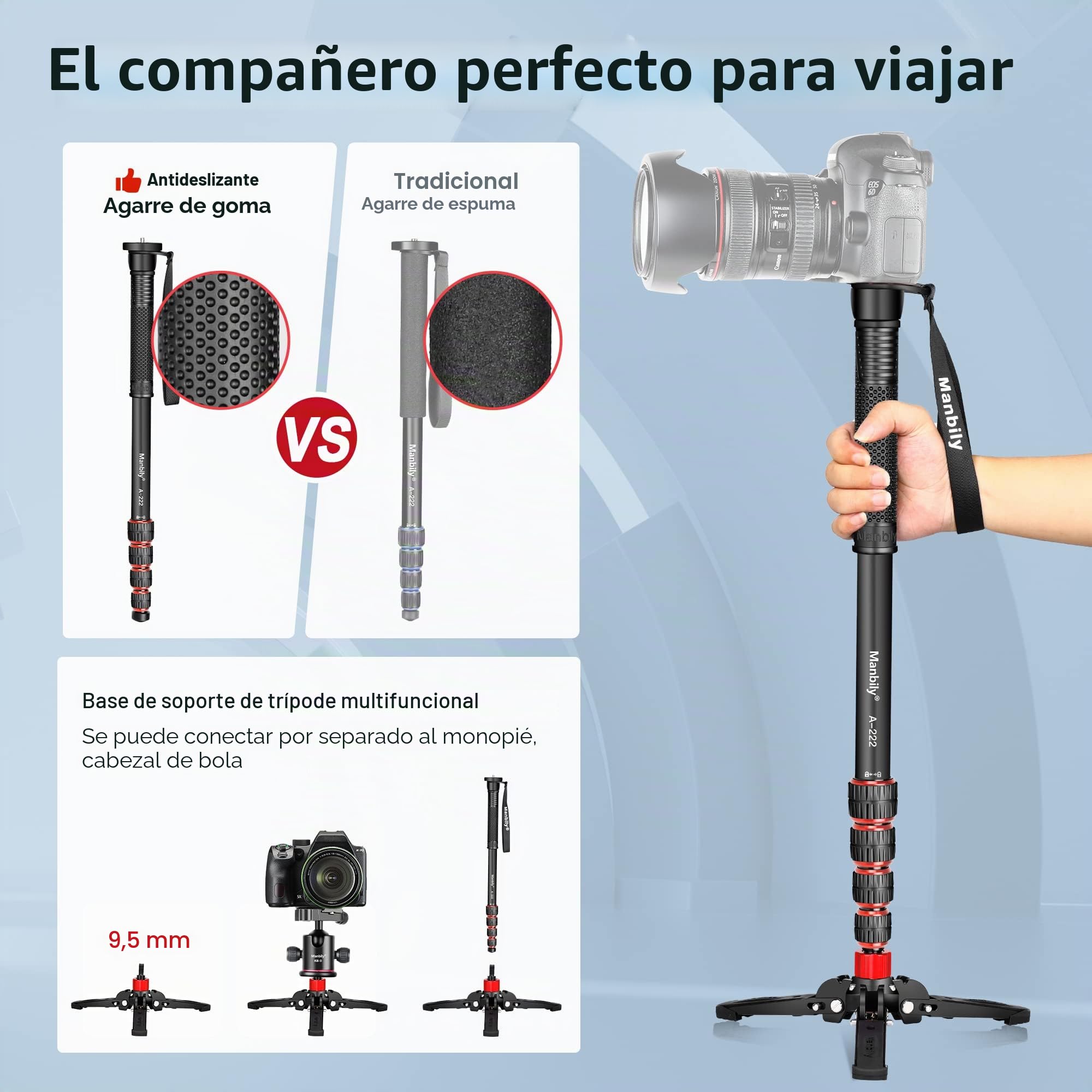 Manbily Monopié Extensible de Aluminio con Patas, Portátil de Viaje y Base de Trípode Desmontable para DSLR Cámara Canon Sony Nikon con Clip de Móvil, 5 Secciones 170cm, Carga Máxima de 7KG (A-222)