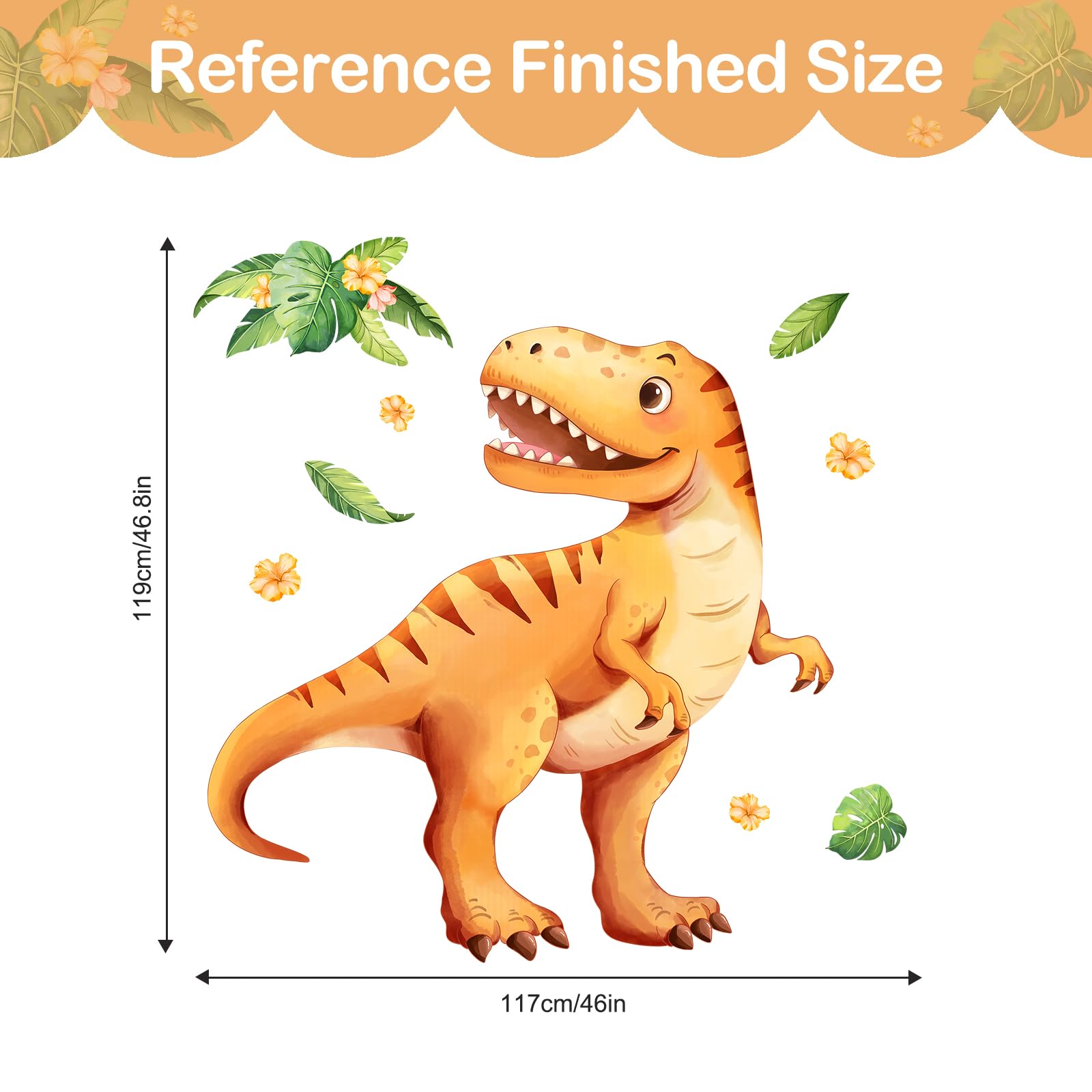 Tanlaby Large Dinosaur Wall Decals Yellow Dino Palm Leaf Wall Stickers Peel and Stick Jungle Art Decor for Baby Nursery Boys Girls Kids Toddler Bedroom Playroom Classroom - Image 4