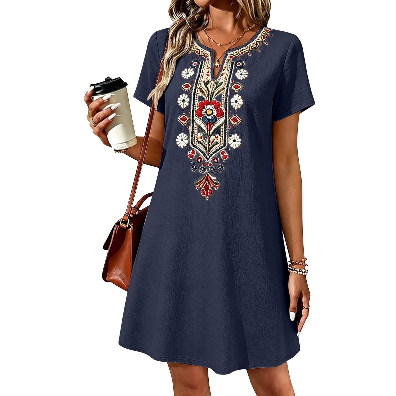 Vestiti Estivi Donna Cotone Lino Ricamo Floreale Abiti Boho Chic Dress Vestito da Mare Elegante Abiti Cerimonia Manica Corta Scollo a V al Ginocchio Vestito Donna Estivo Corto Casual