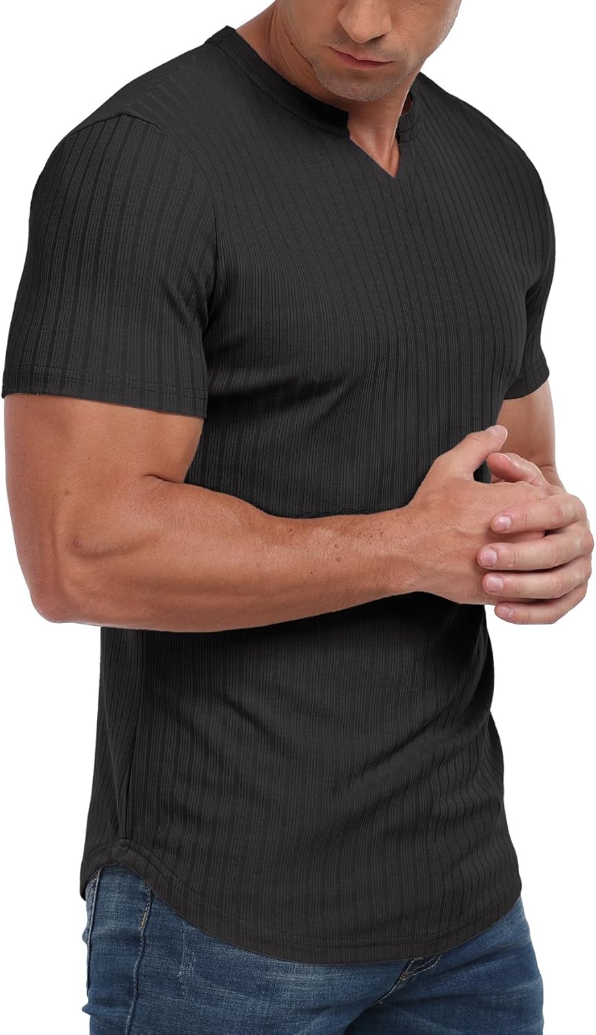 Askdeer Mens Short Sleeve Muscle T Shirt Slim Fit V-Neck Casual Shirt Gym Workout Athletic Tee - Image 3