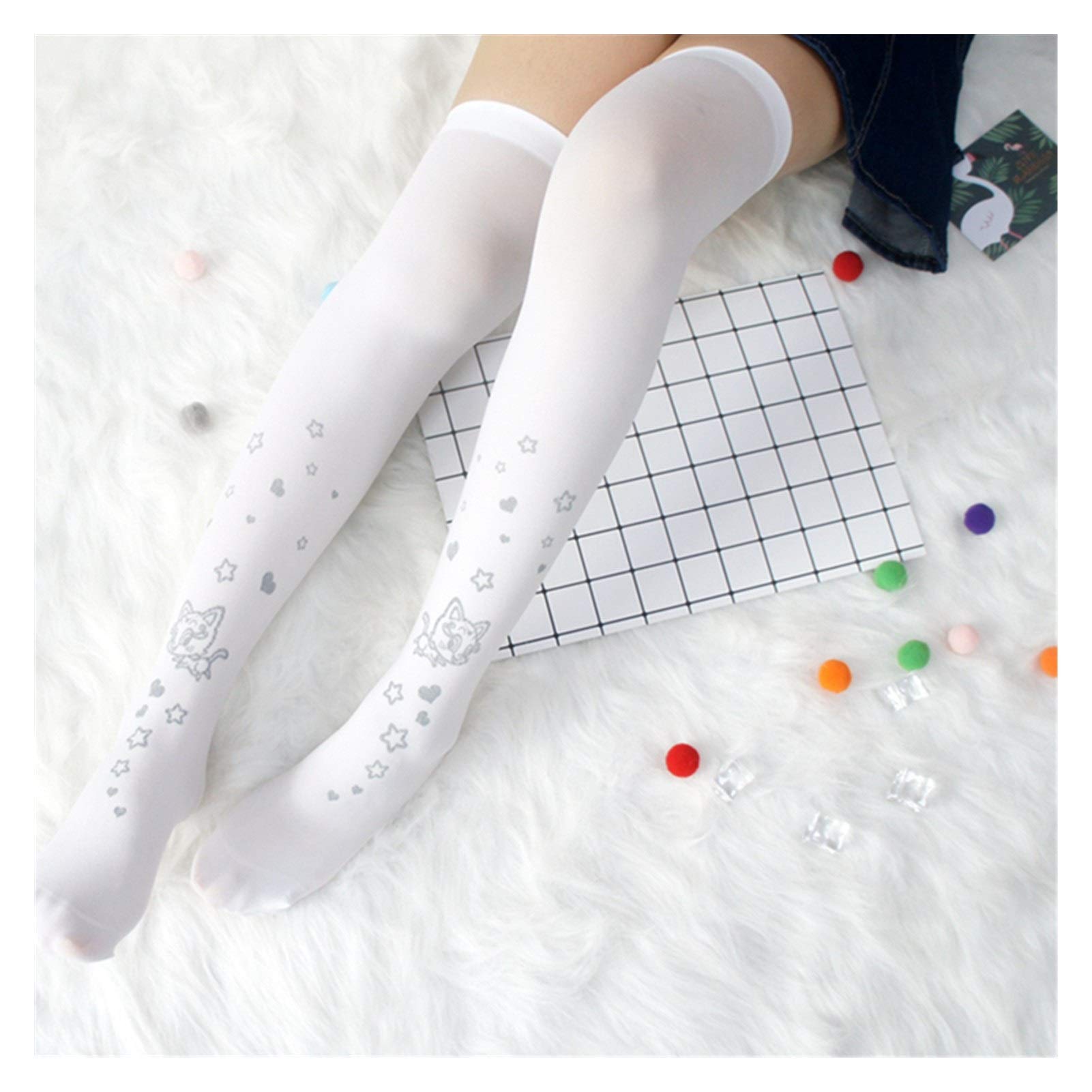 Japanisches Mädchen Schöne Meow Star und Heißprägedruck Kniestrümpfe Lolita Oberschenkel Strümpfe Warm (Color : Meow Star and Silver, Size : One Size)